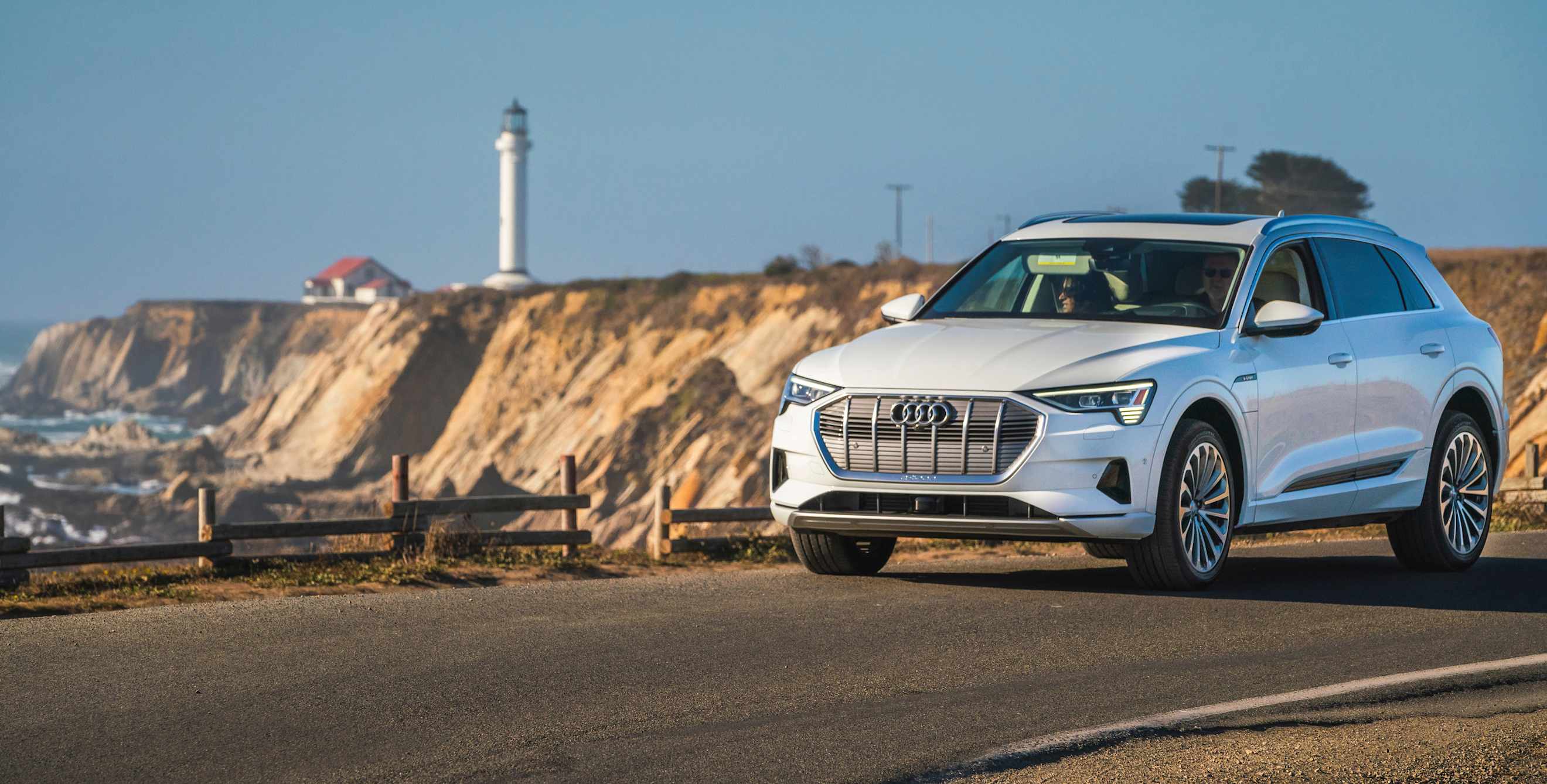 An Audi E-Tron quietly cruising the California coast.