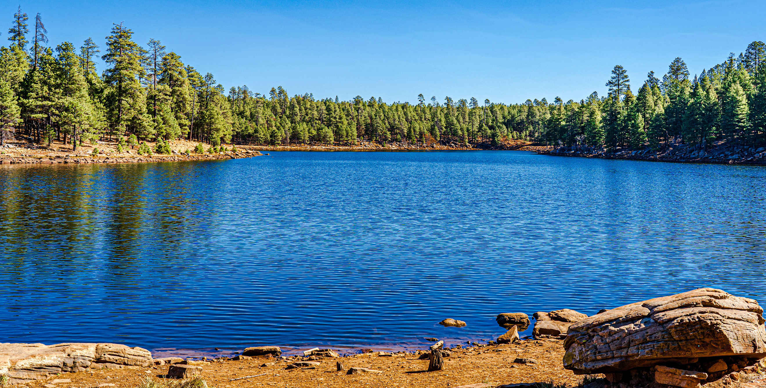 Woods Canyon Lake on a sunny day.