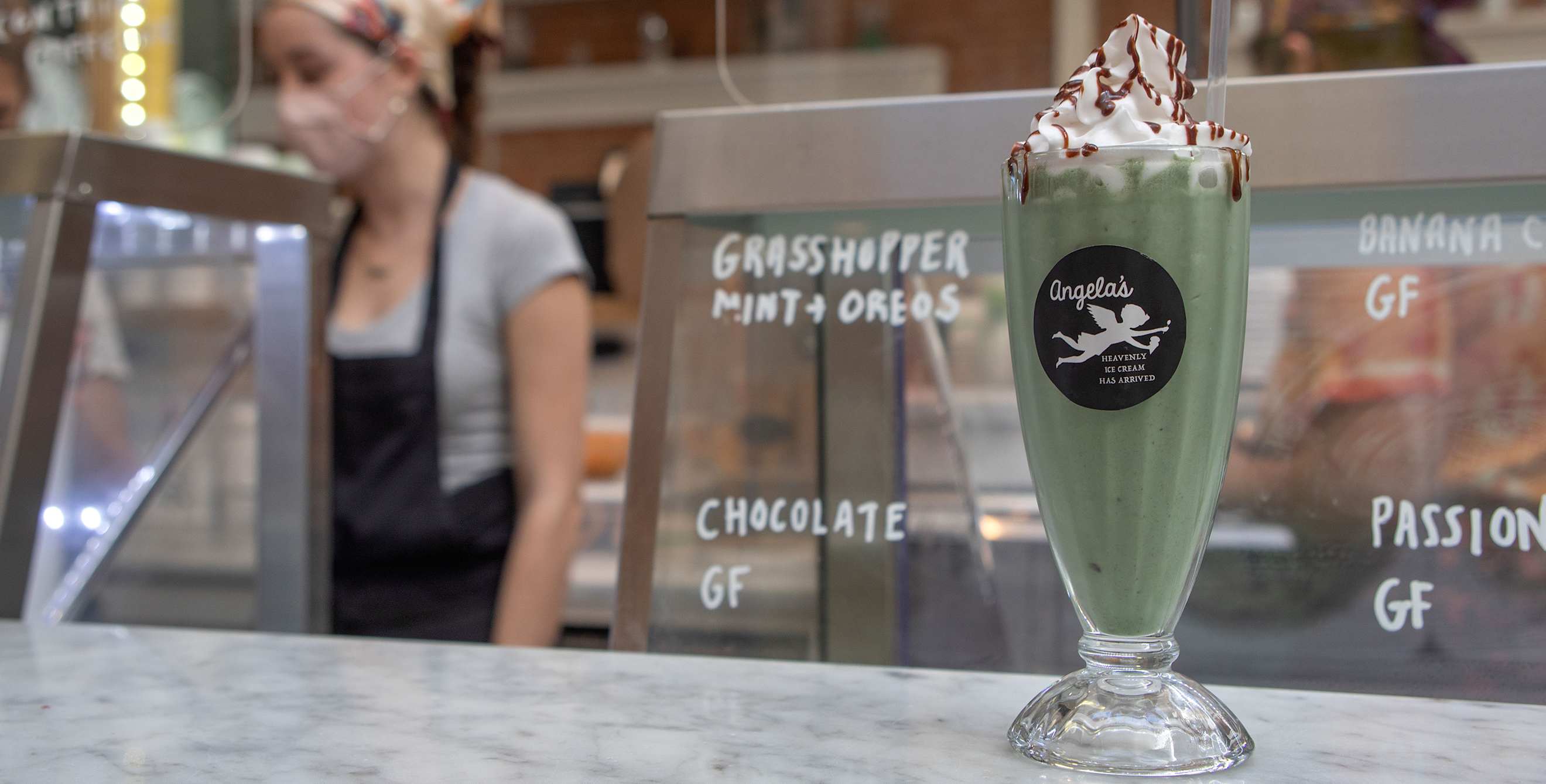 A grasshopper milkshake on the counter at Lala’s Creamery in Petaluma, California.