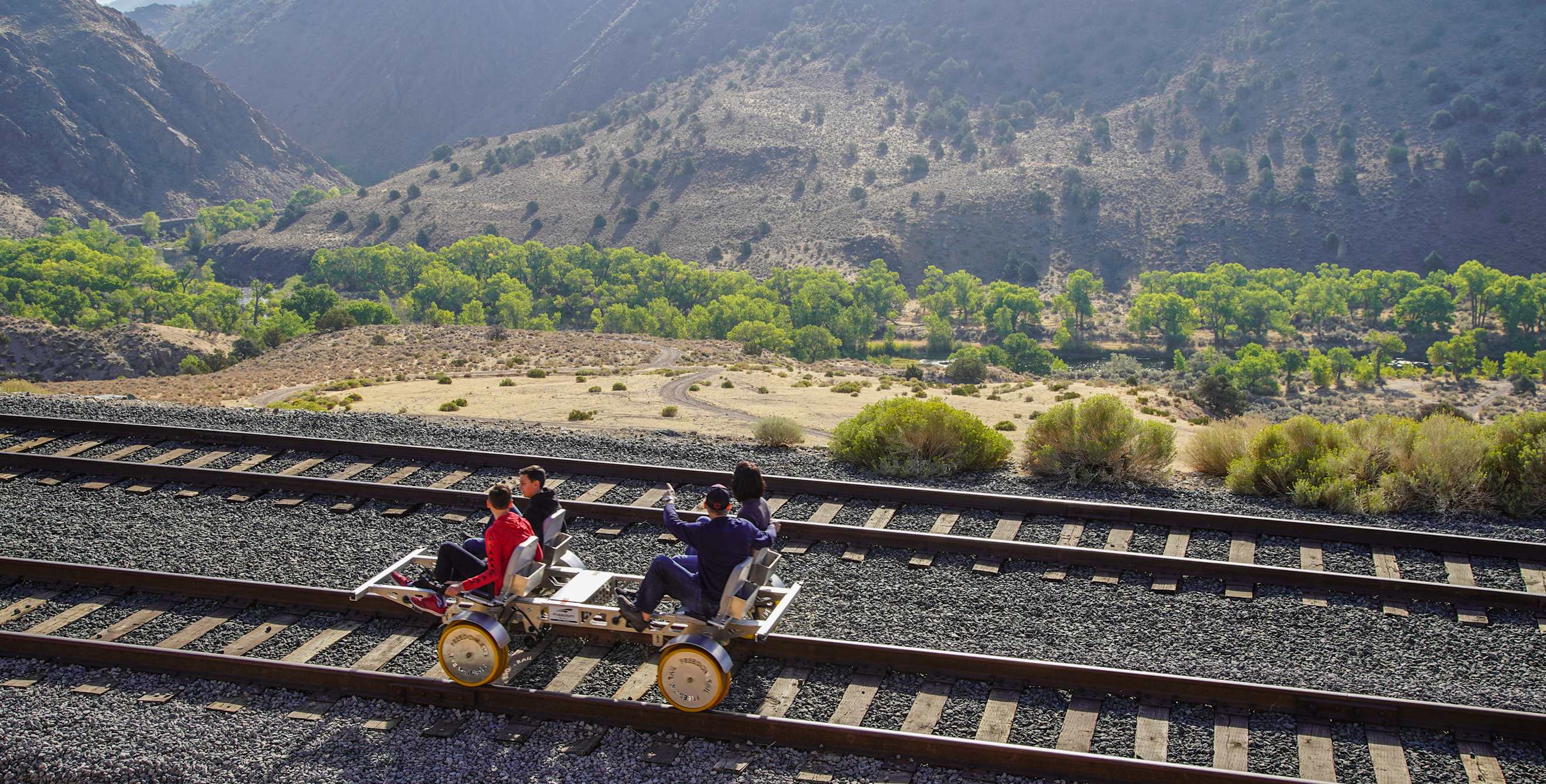 A family rides a railbike in Carson City, Nevada.