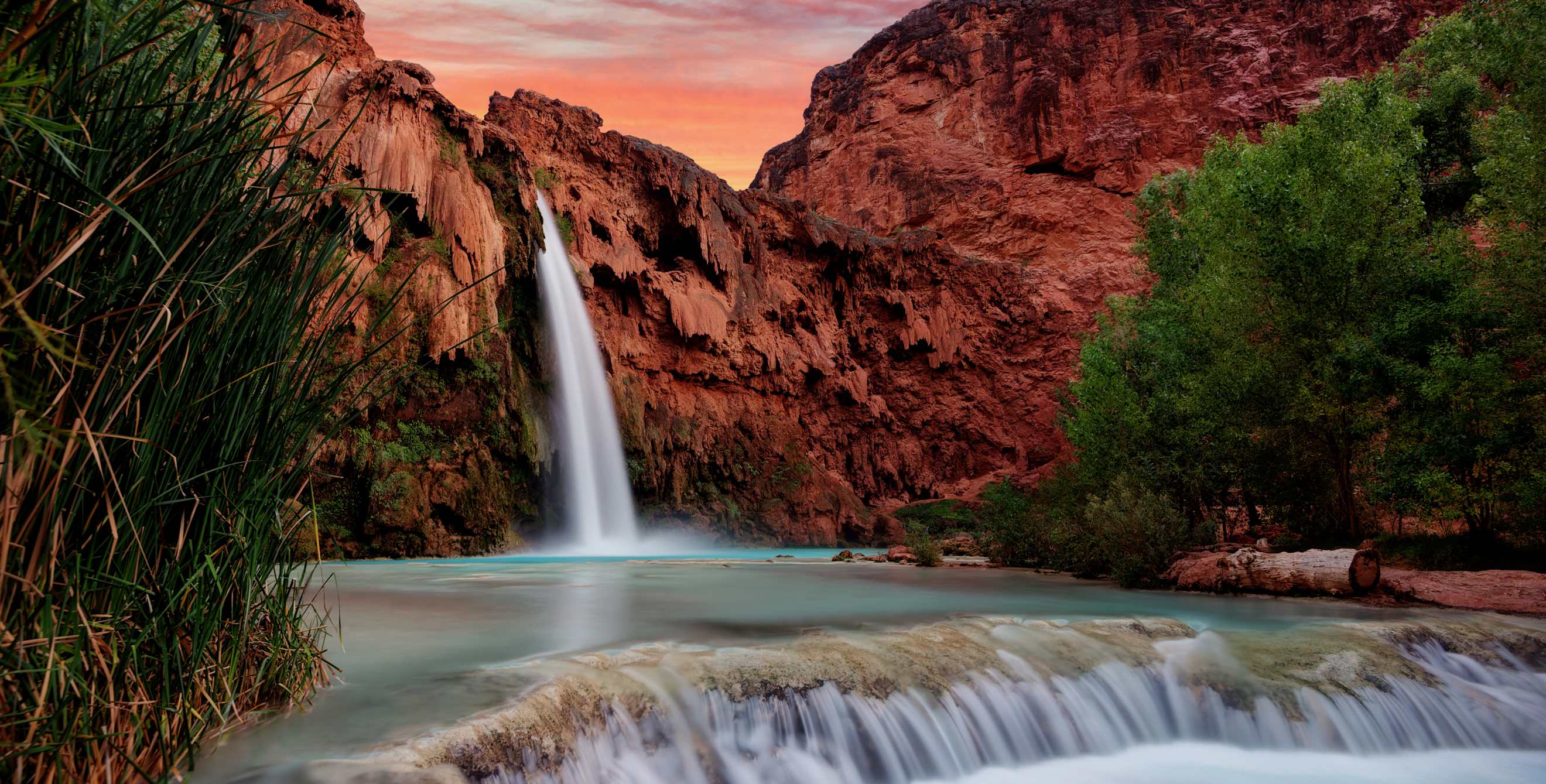Colorful Havasu Falls at sunset.