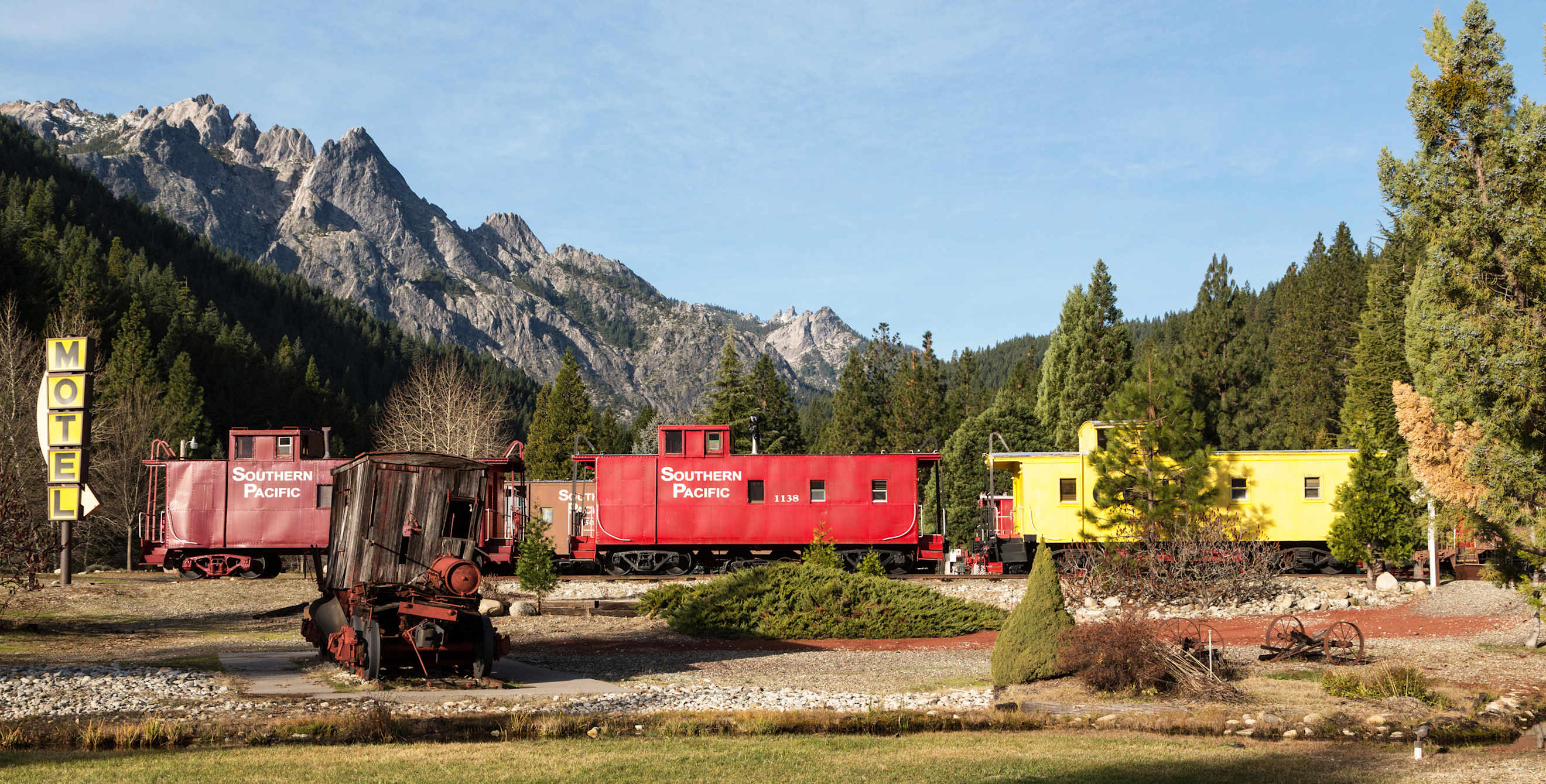 A train hotel in Dusmuir, California.