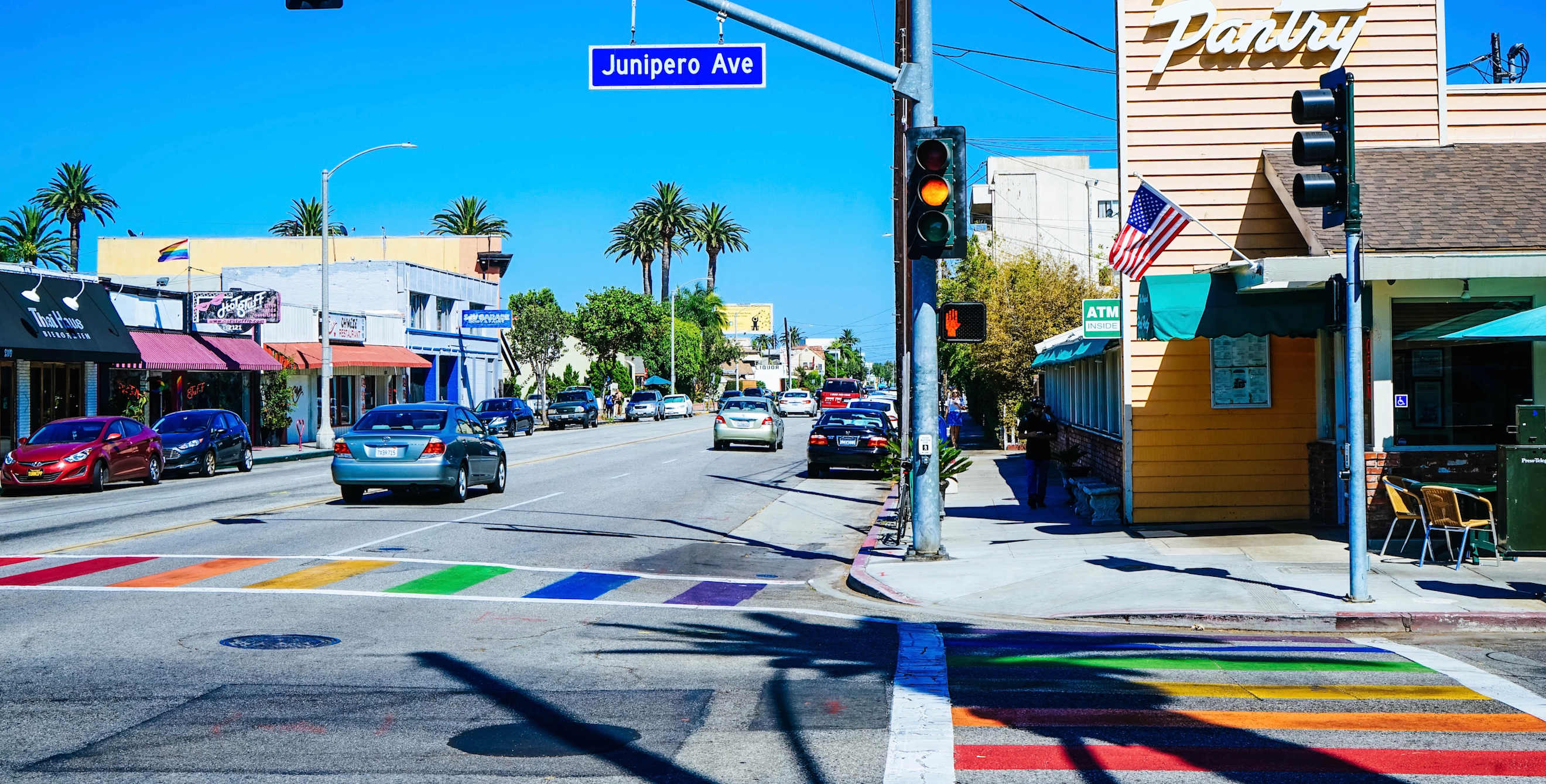 picture of the Alamitos neighborhood in Long Beach, California with rainbow crosswalks