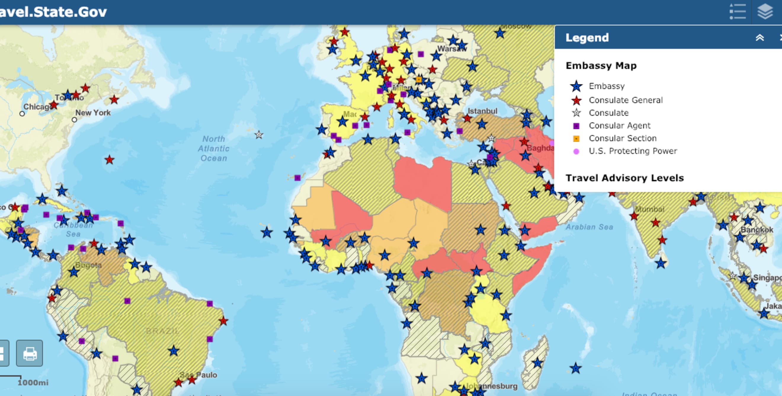 picture of the U.S. State Department color-coded Travel Advisory map