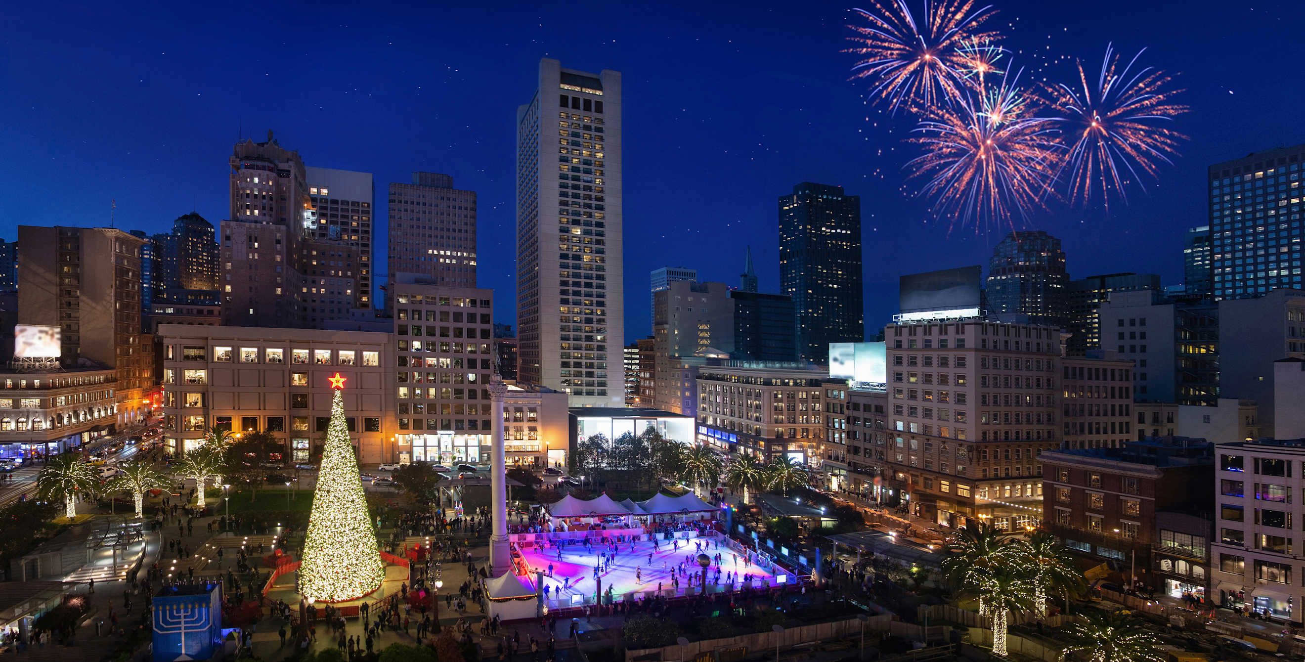 Fireworks errupt over Union Square in San Francisco, California on New Years.