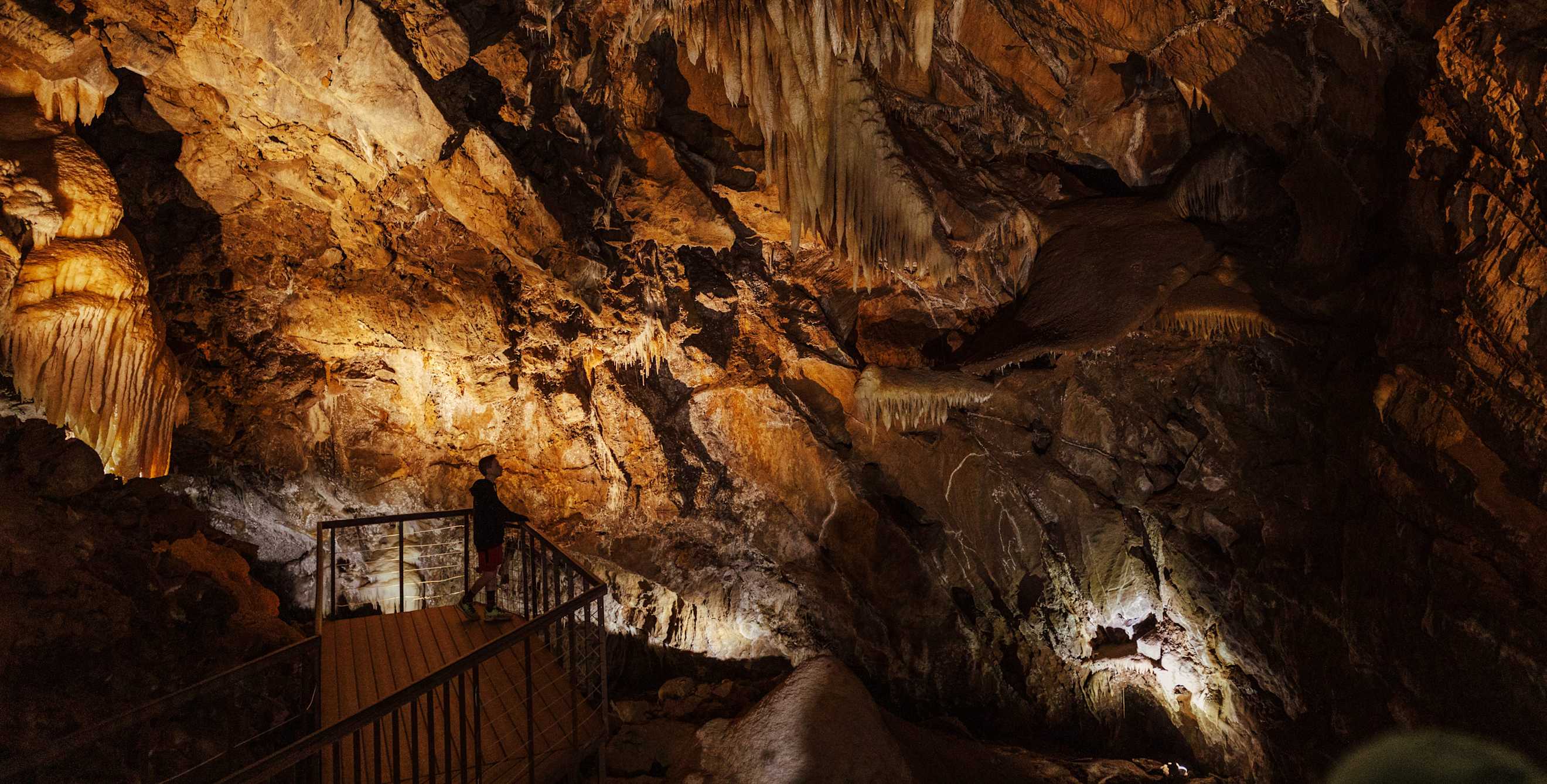 A visitor inside Black Chasm Cavern in the small Gold Rush Town of Volcano, California.