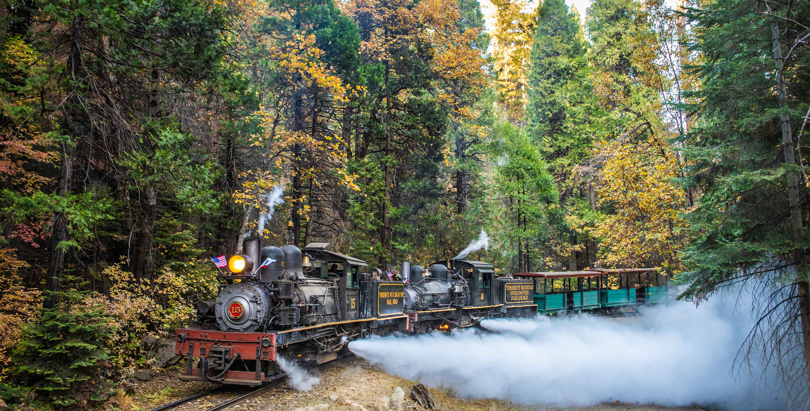 A small, historic steam train on the rails at Yosemite Mountain Sugar Pine Railroad in California.