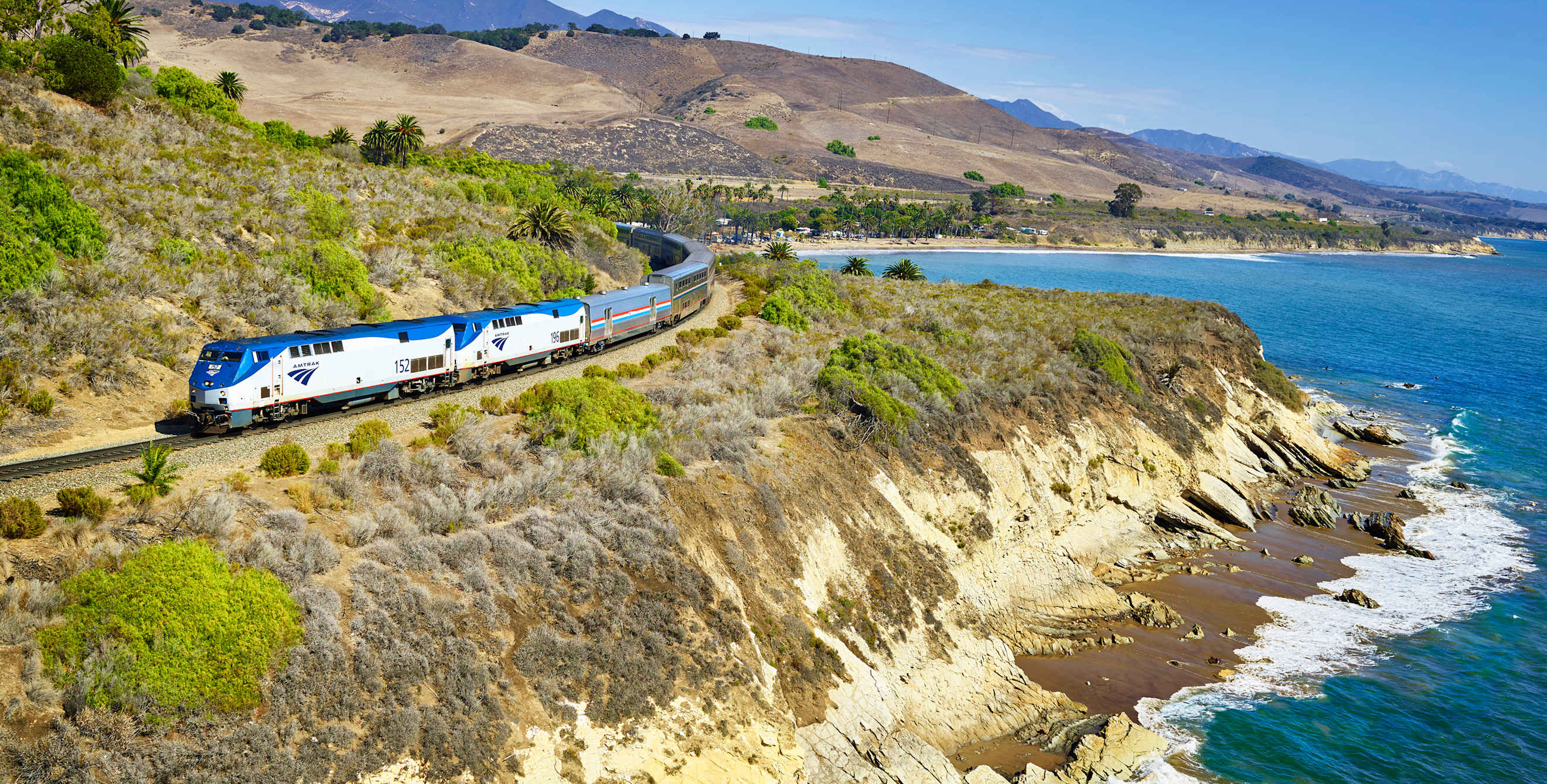 Amtrak Coast Starlight on the rails along the coast in California.