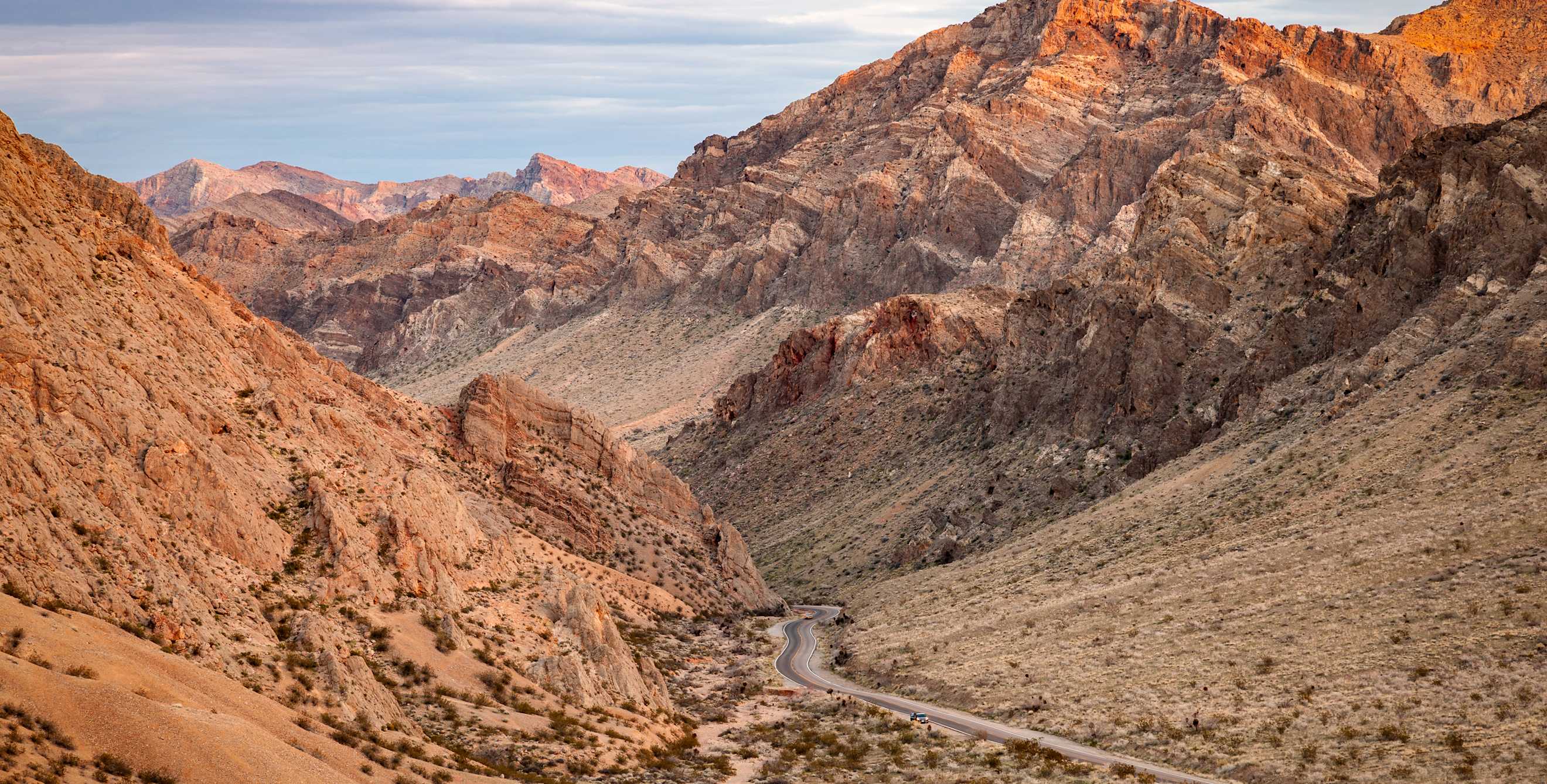 A road cuts through the mountains in Valley of Fire State Park in Southern Nevada.