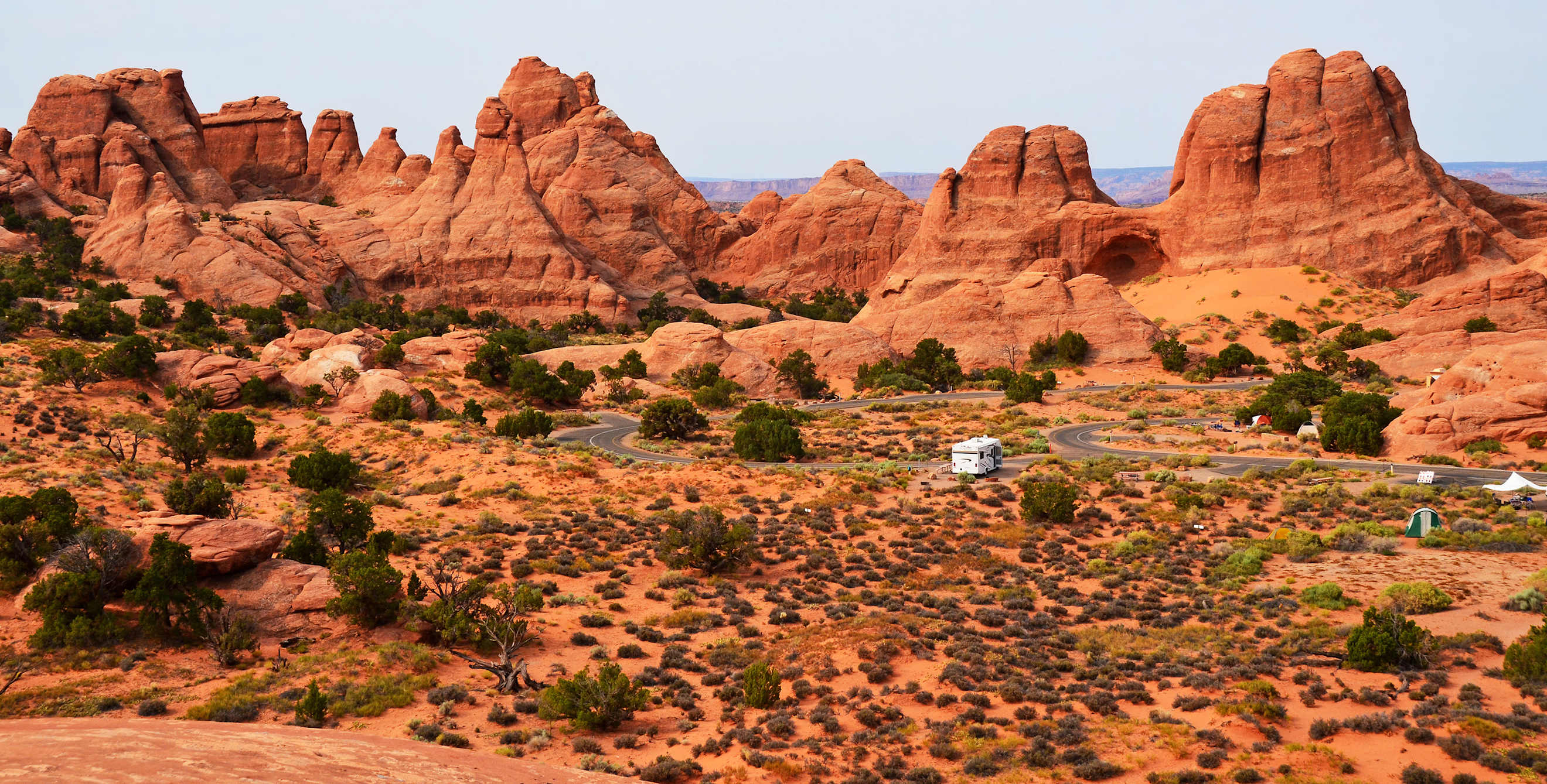 RVs camp in Devils Garden campground in Arches National Park.