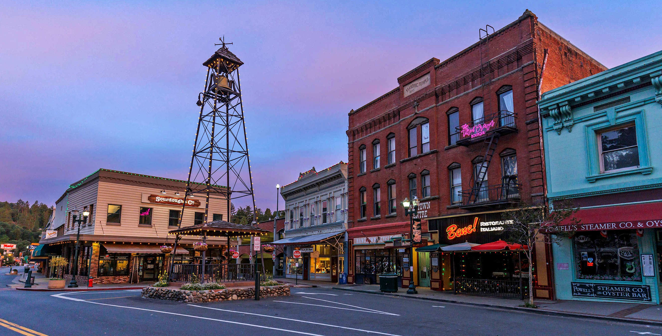 Downtown Placerville, California at dusk.