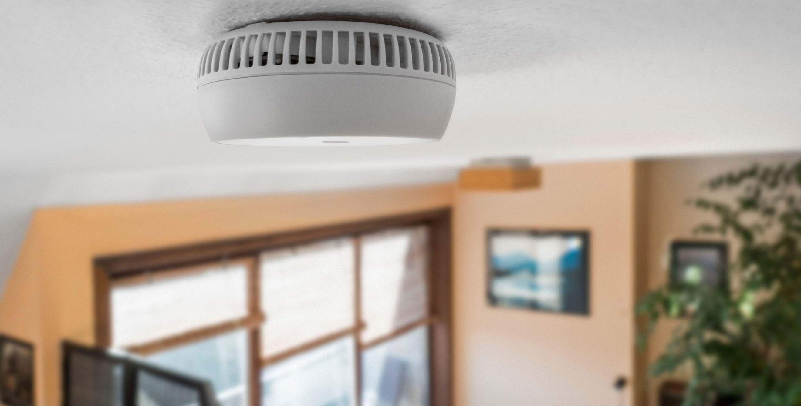 Smoke alarm and carbon monoxide detector on the ceiling of a bedroom.