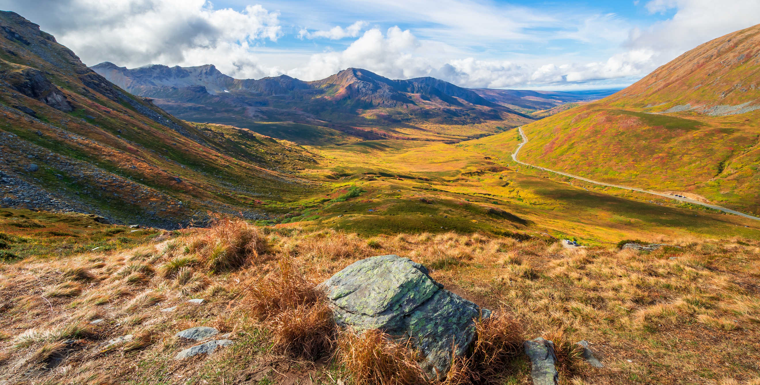 Hatcher Pass scenic drive in Talkeetna Mountains, Alaska in fall.