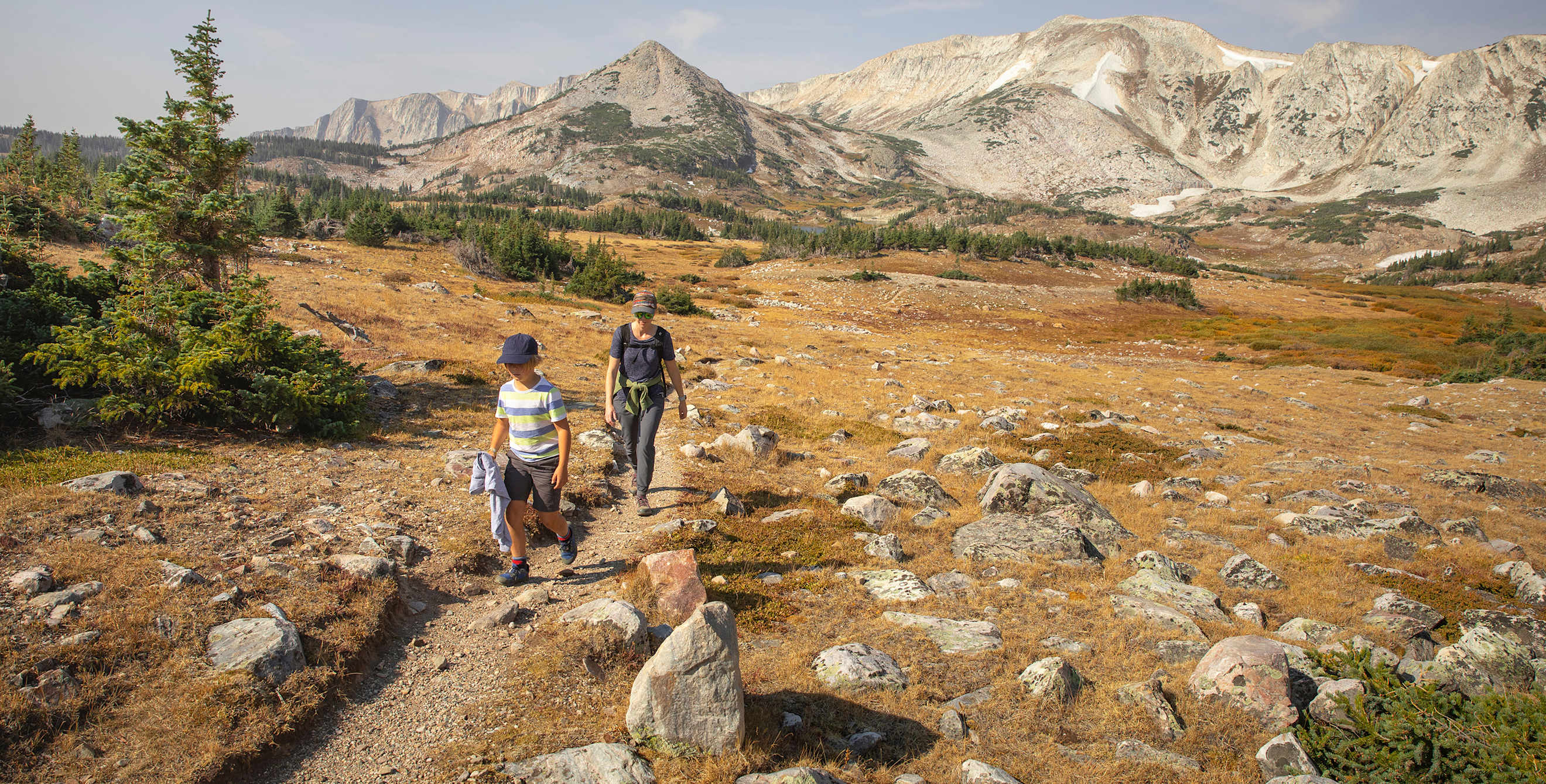 A family hikes on the Lost Lake Trail in the Medicine Bow National Forest in Wyoming.