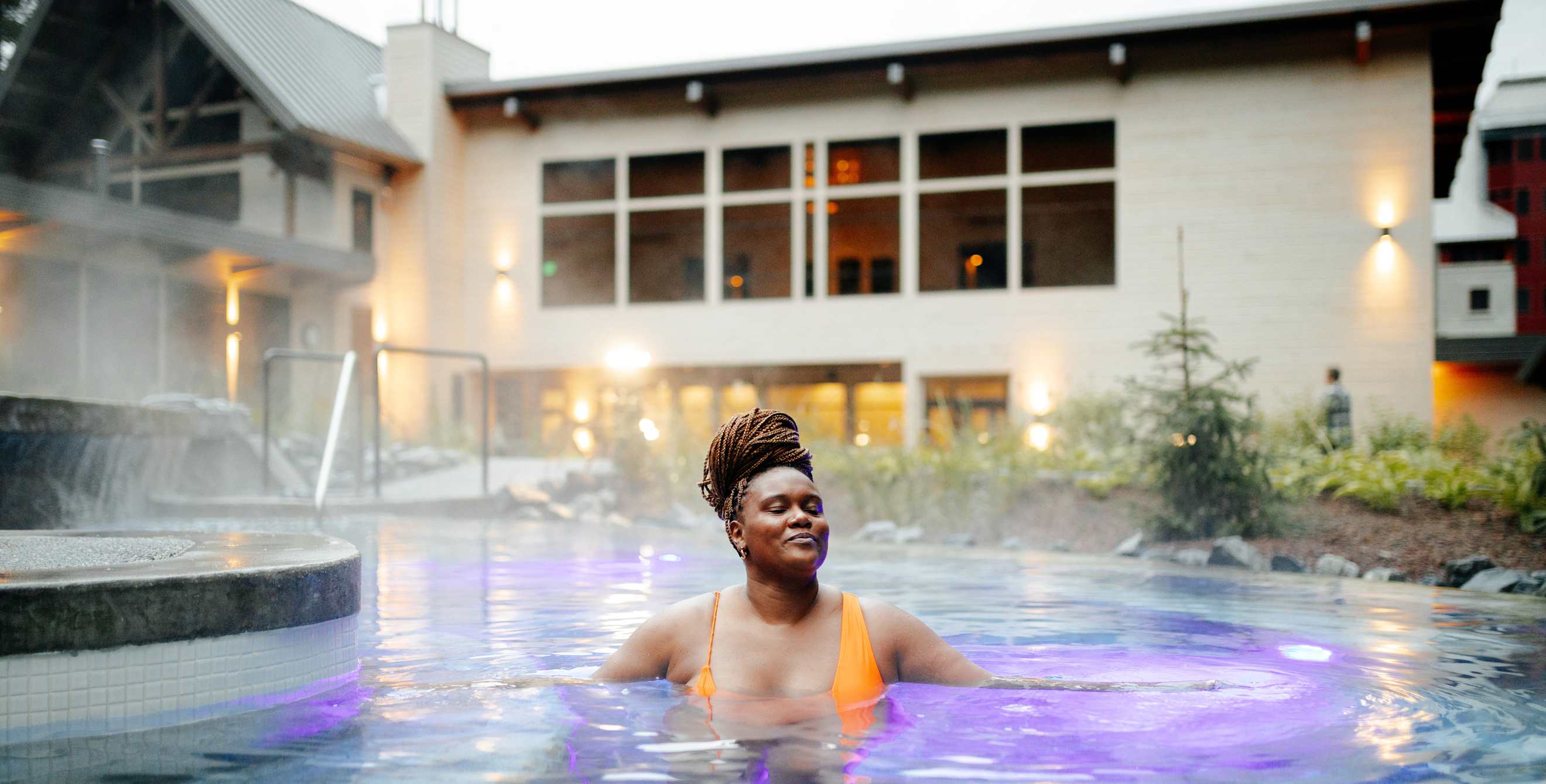 A woman soaks in the nordic spa at Alyeska Resort in Girdwood, Alaska.