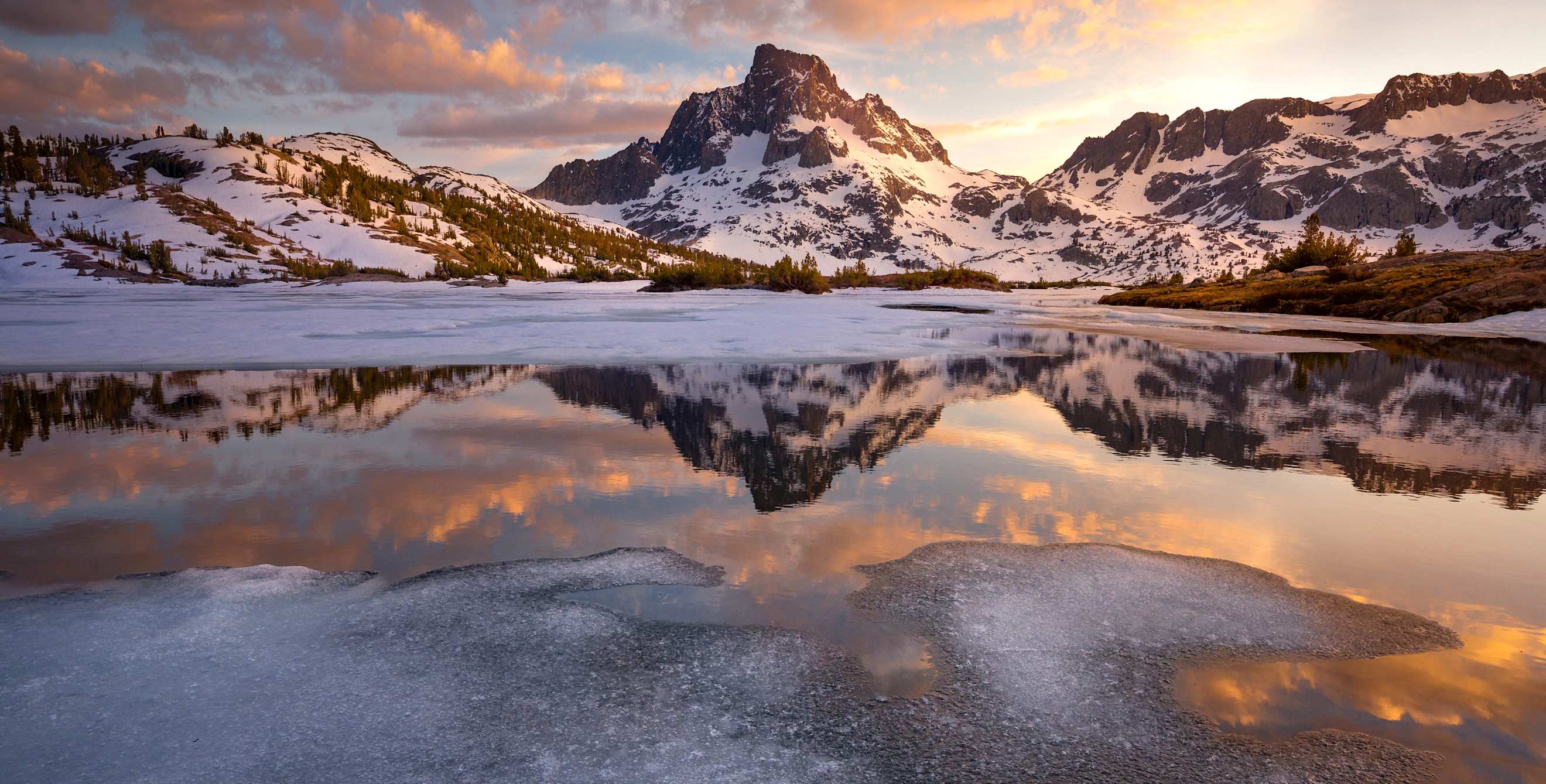 Snow begins to melt at Thousand Island Lake, in the Ansel Adams Wilderness, California