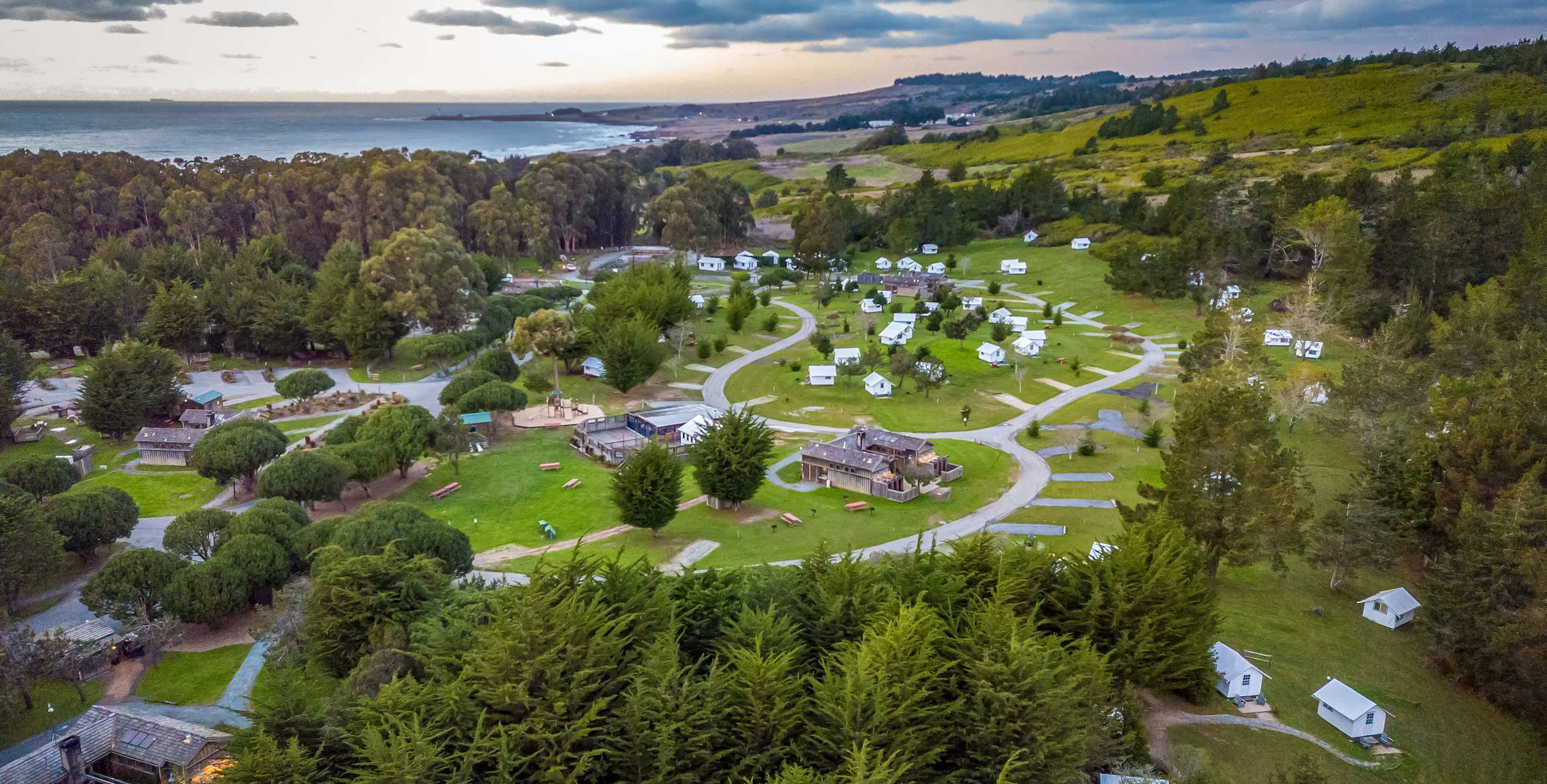 Tent cabins and grounds at Costanoa KOA Campground in Pescadero, California.