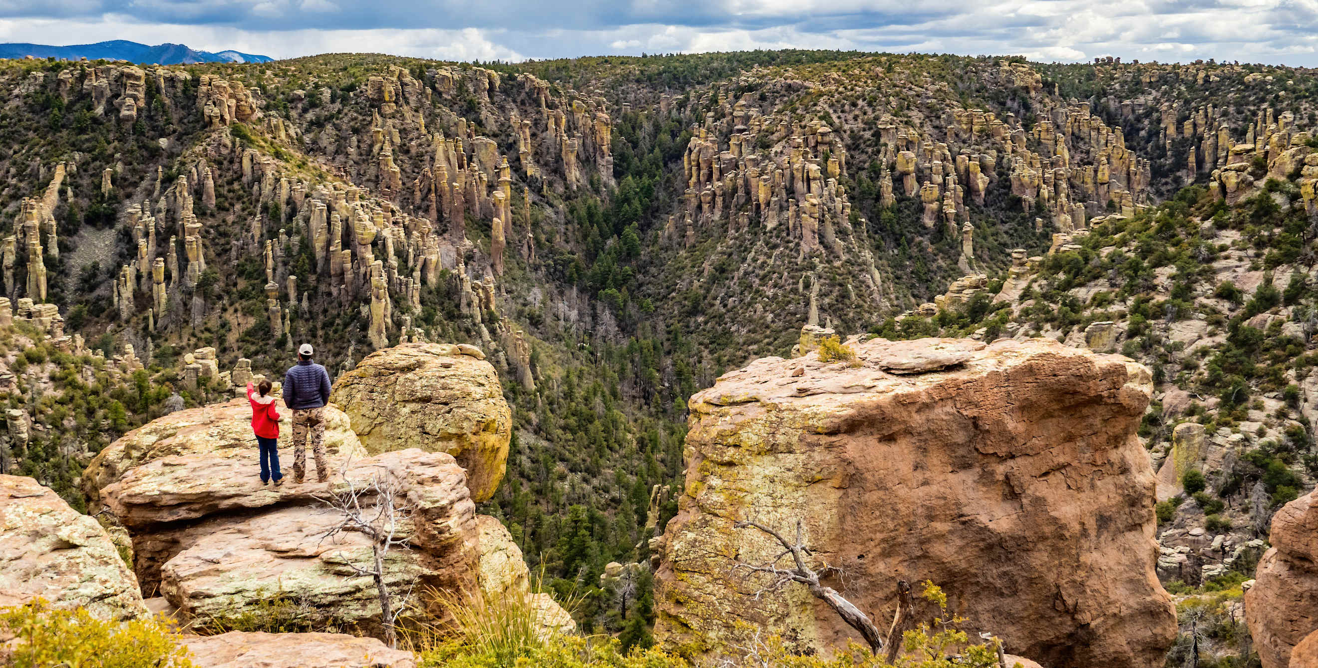 Hikers overlook Chiricahua National Monument in Arizona on a partly cloudy day.