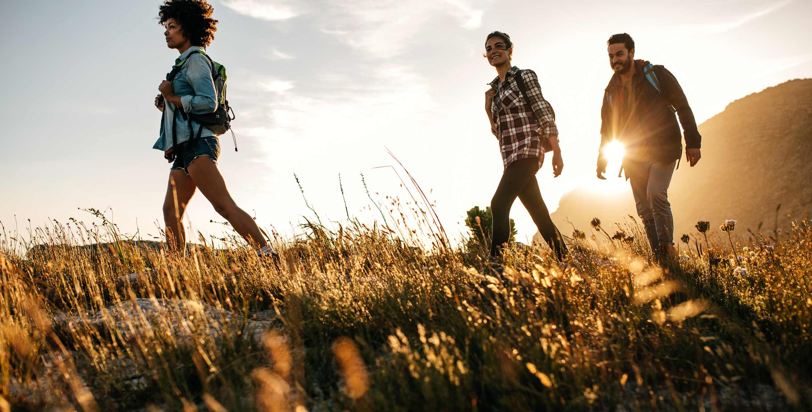 A group of friends hike on a trail surrounded by grass and wildflowers.