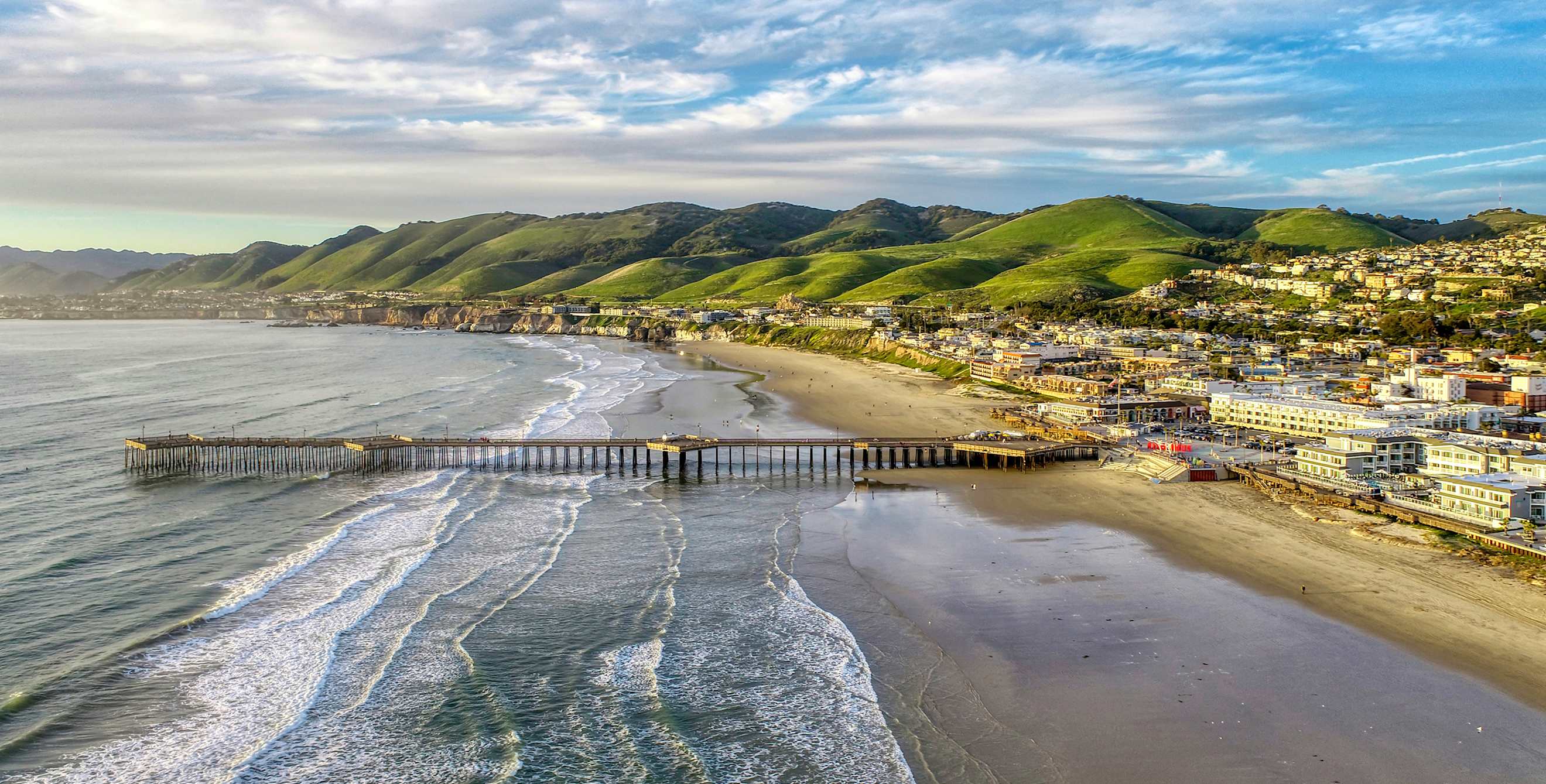 Aerial view of the pier at Pismo State Beach in California.