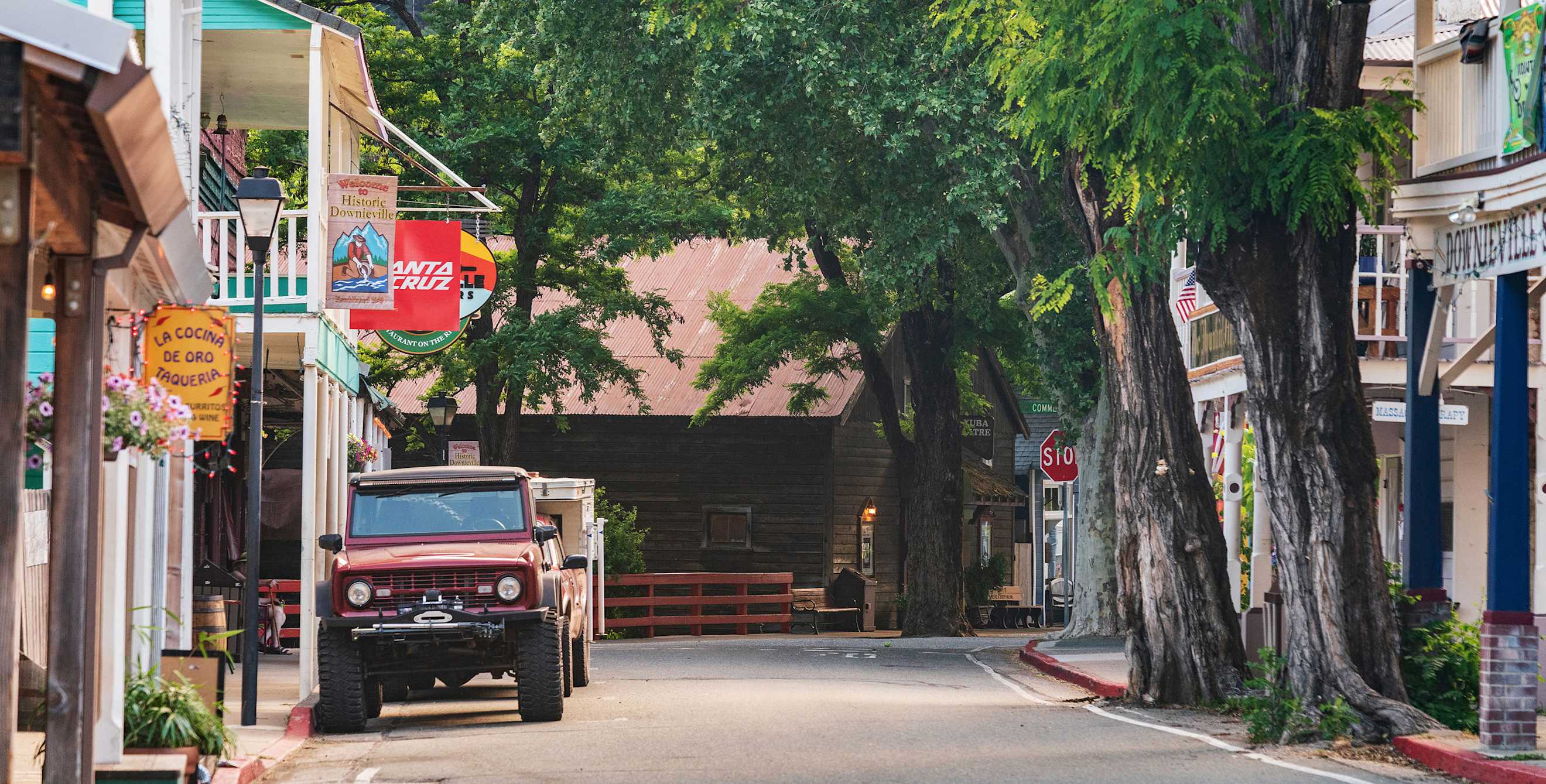 Downieville's historic buildings line a street through the core of the town.