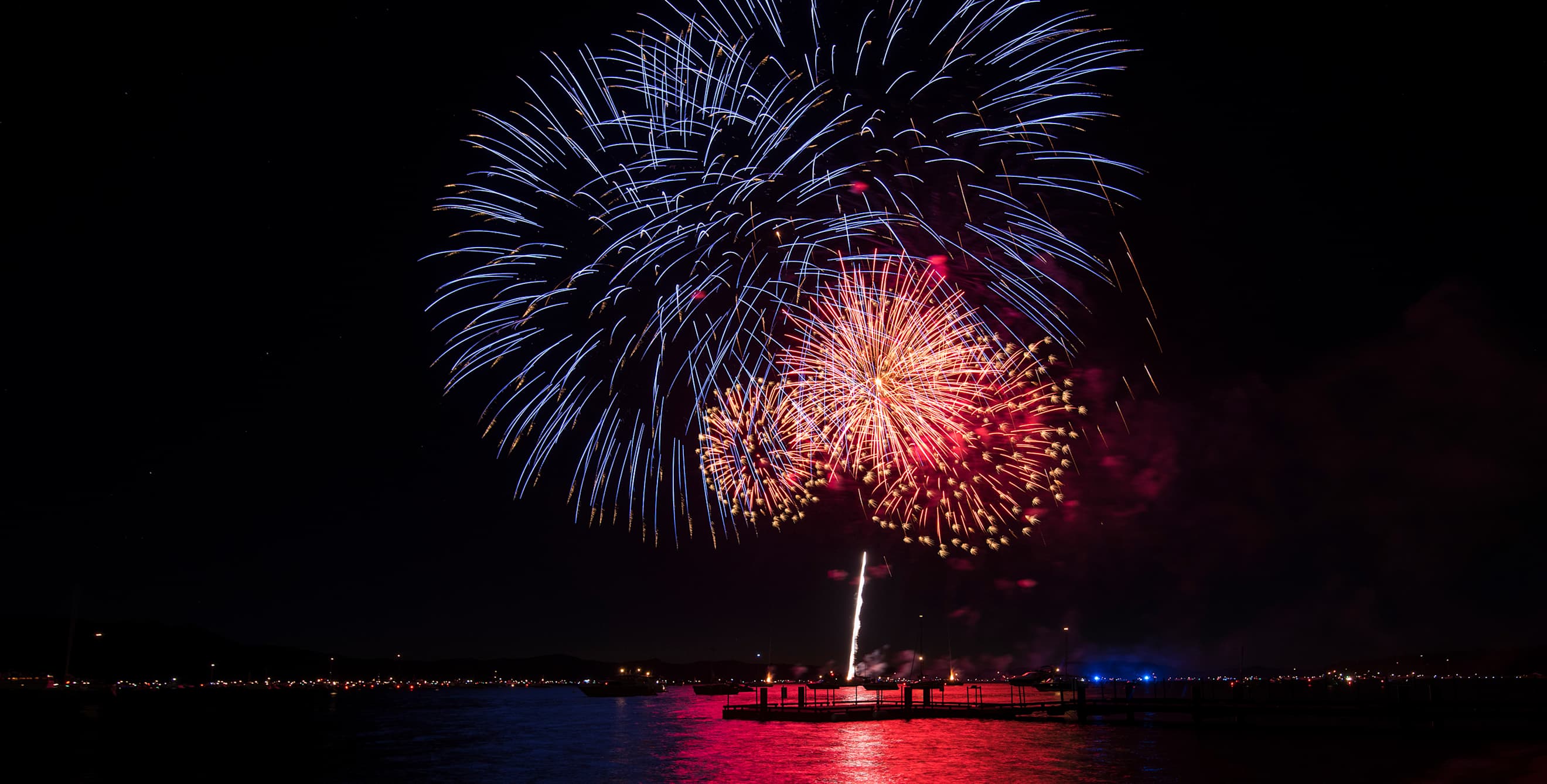 Fourth of July fireworks over the water in South Lake Tahoe, California