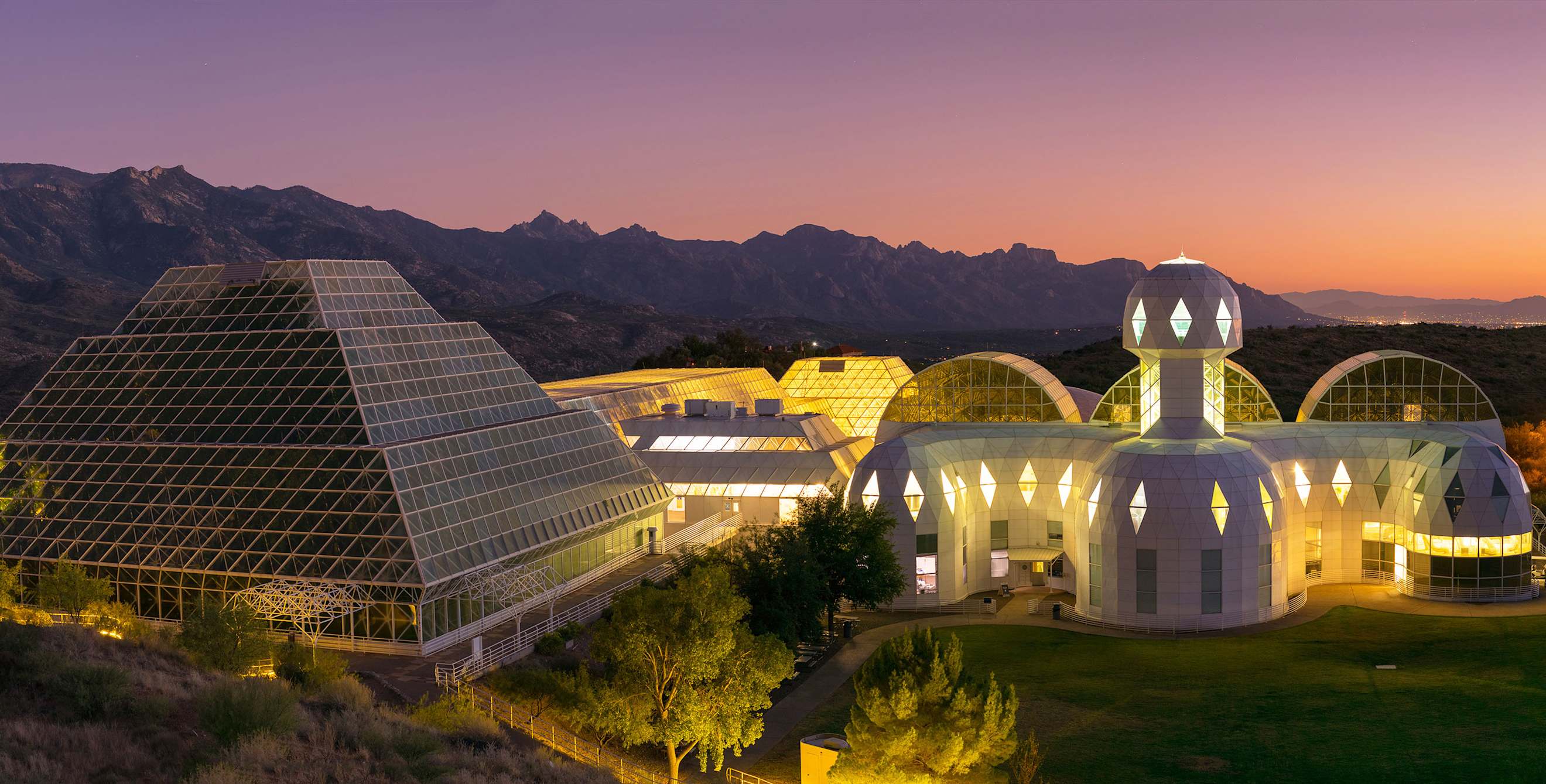Biosphere 2 at sunset.