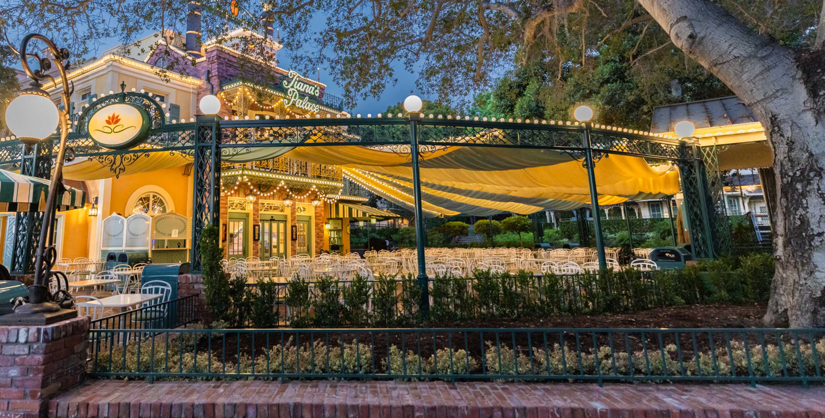 Exterior of the new Tiana's Palace at Disneyland Resort.