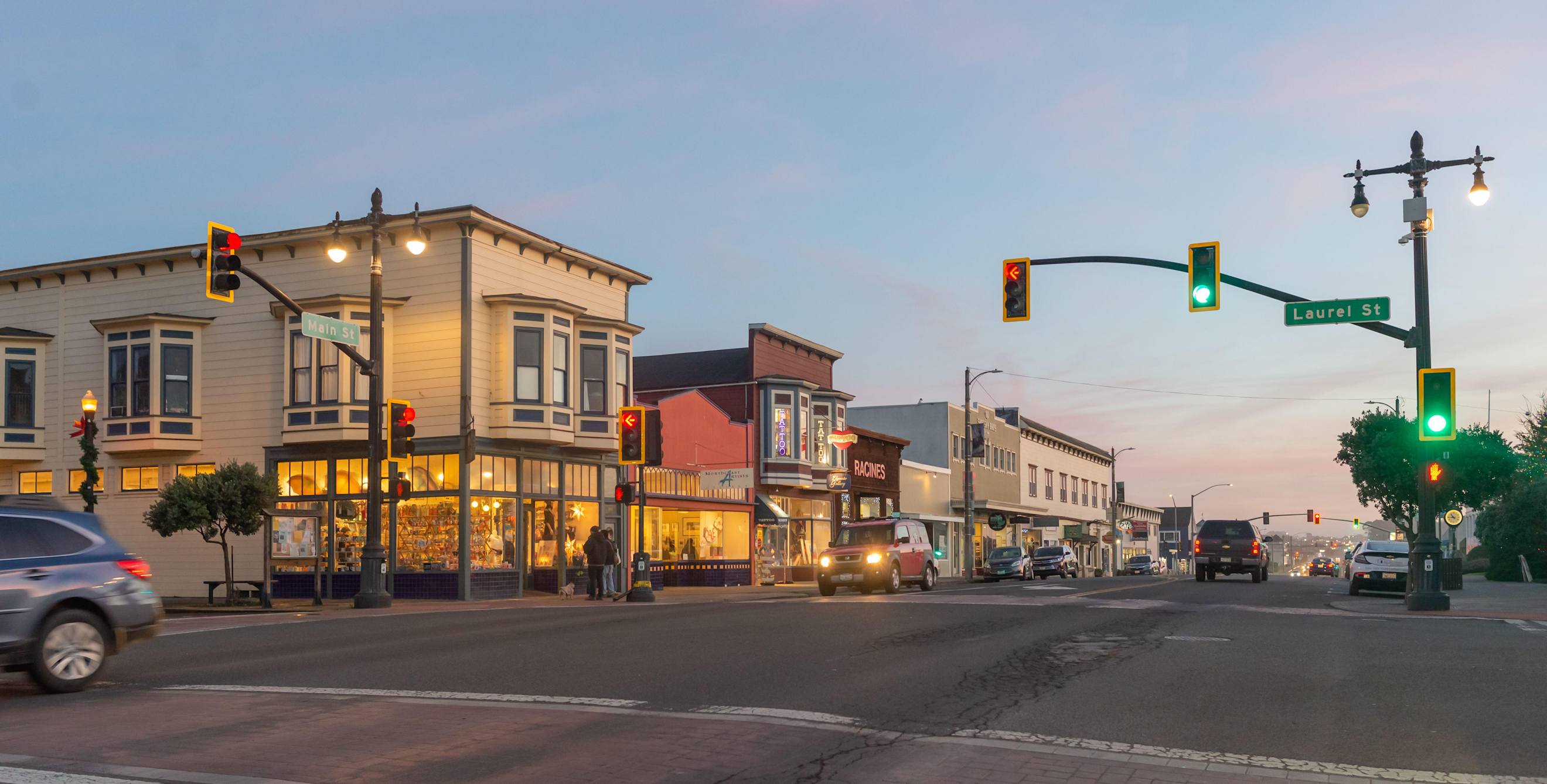 Downtown Fort Bragg at dusk.