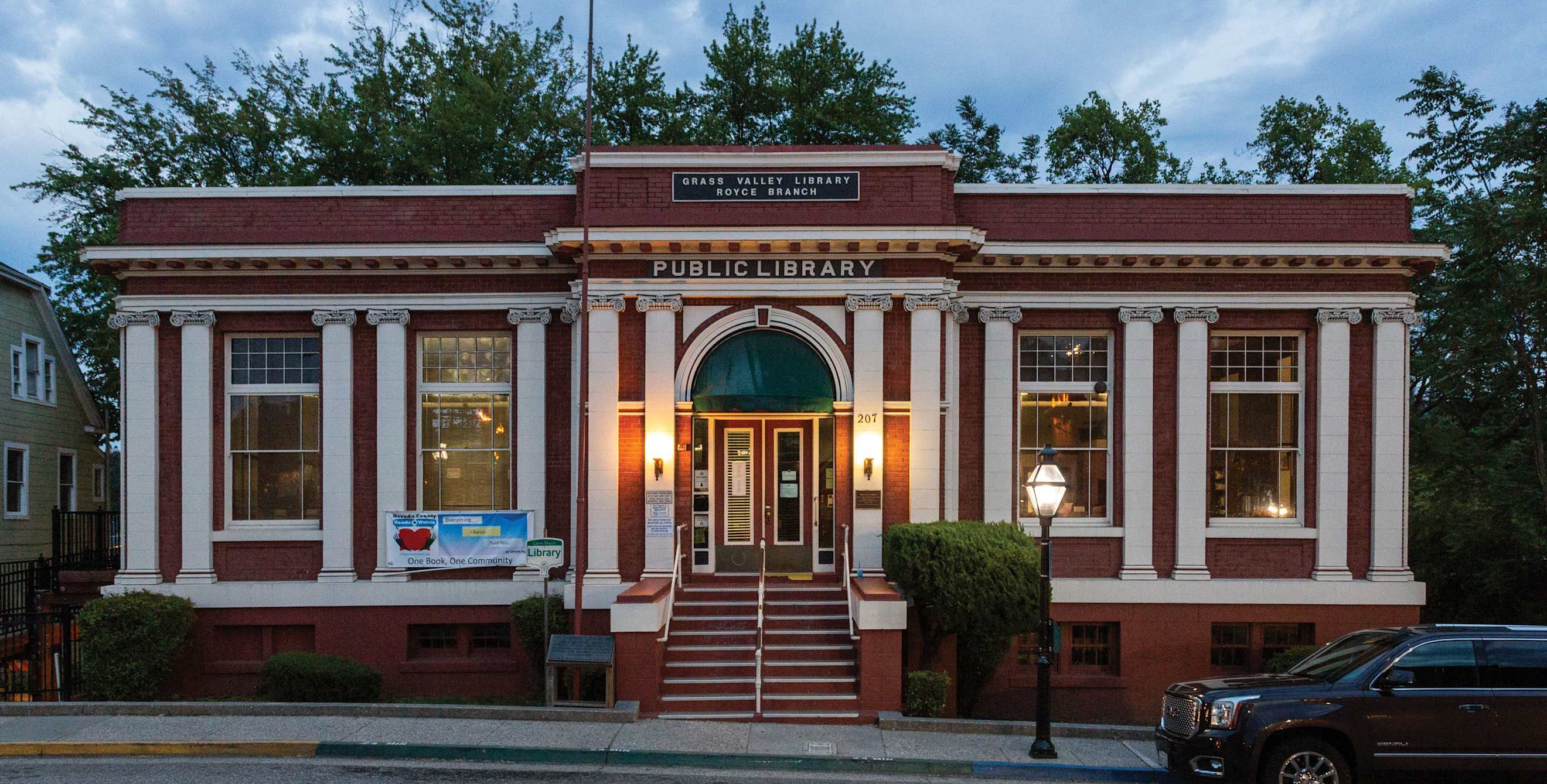 Outside the Grass Valley Library–Royce Branch in downtown Grass Valley, California, at dusk.