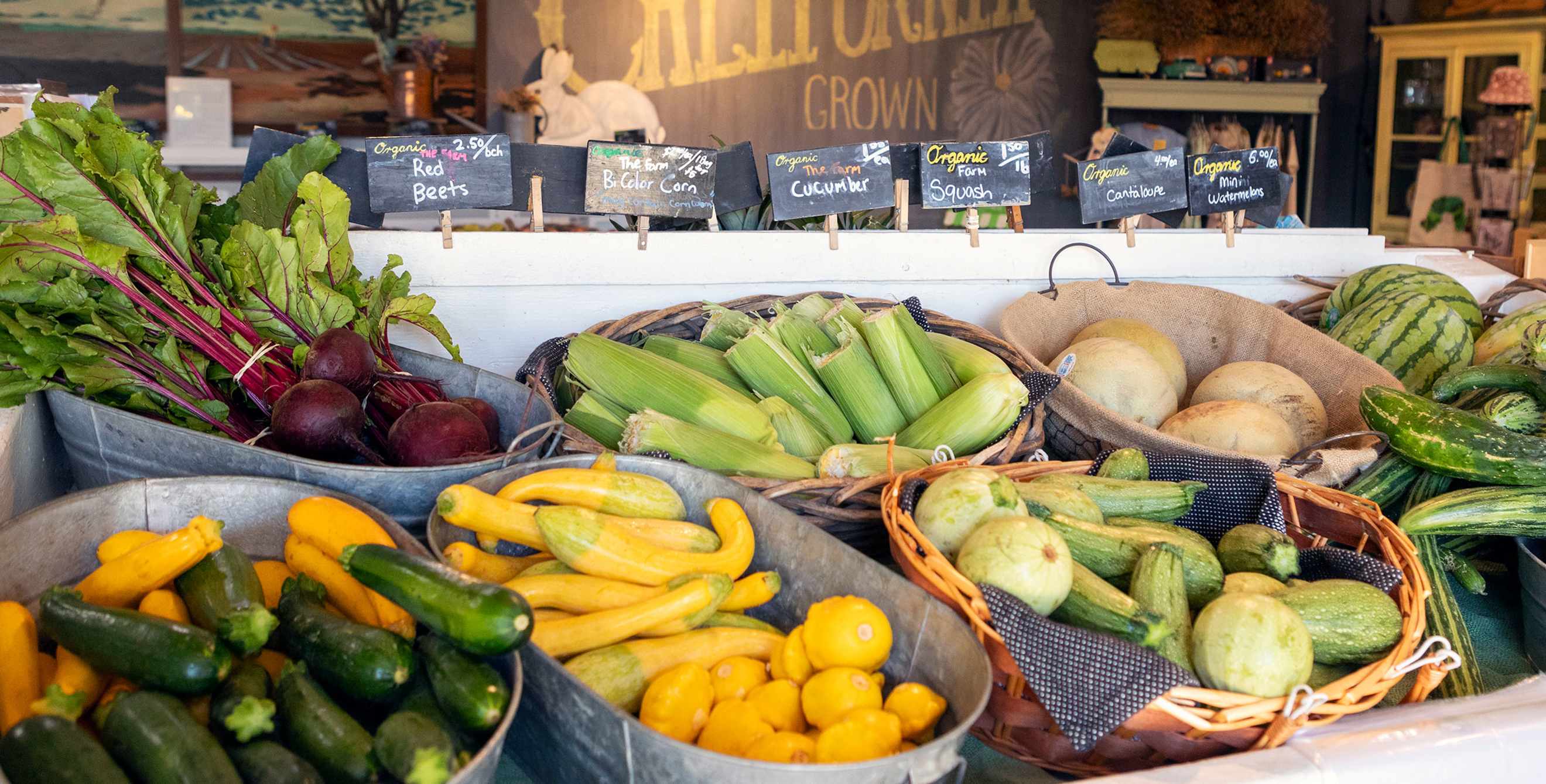 Produce inside baskets at the market stand at The Farm in Salinas, California.