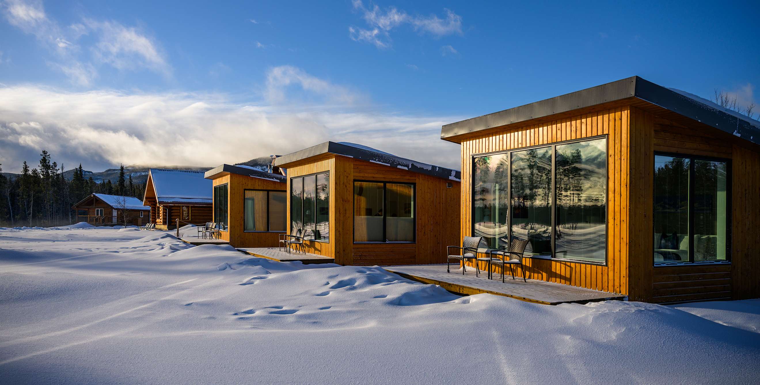 Snow-covered grounds of the Northern Lights Resort & Spa in Yukon, Canada.