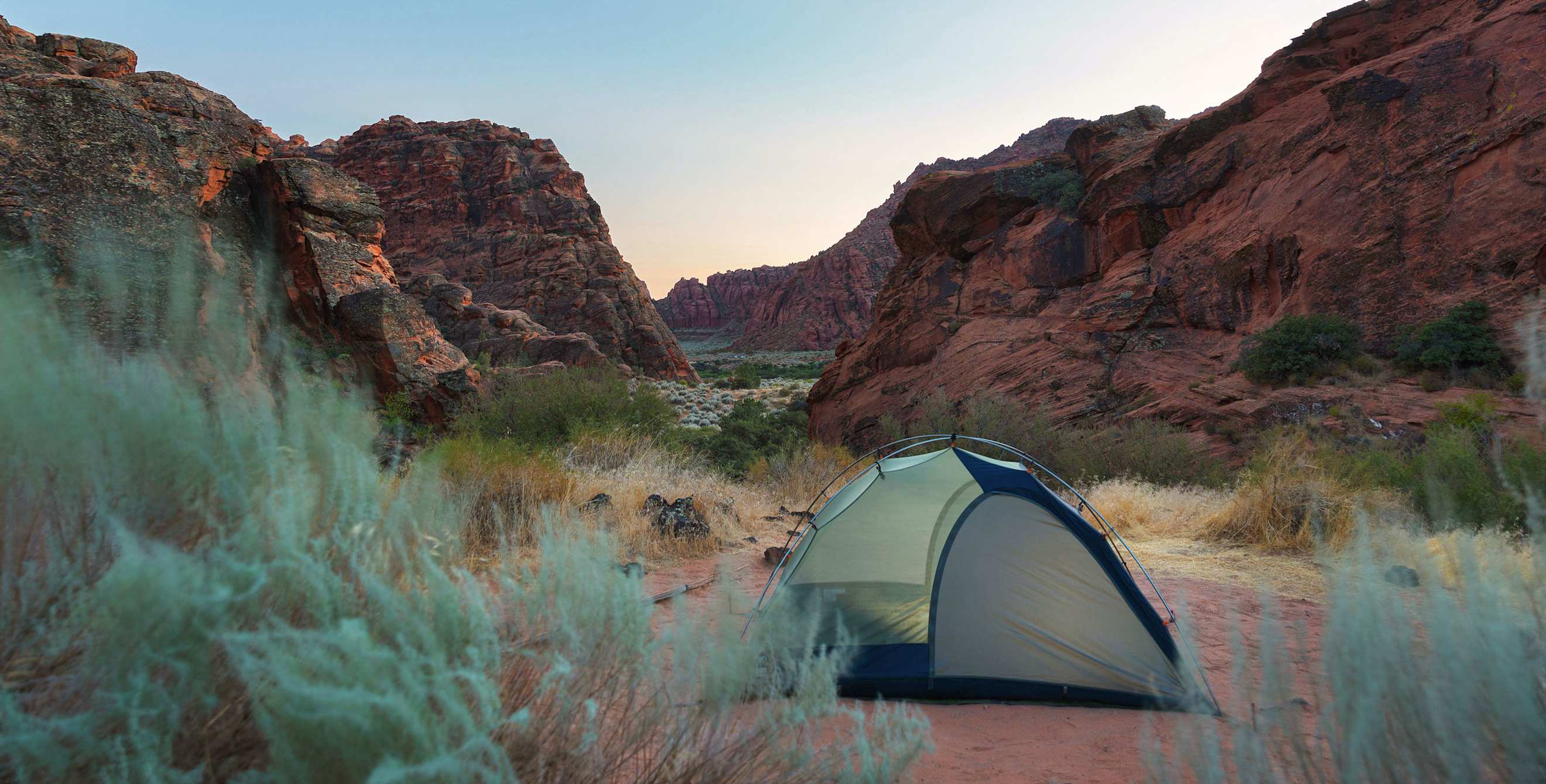 Sunset behind tent at campground, Snow Canyon State Park, Ivins, Utah