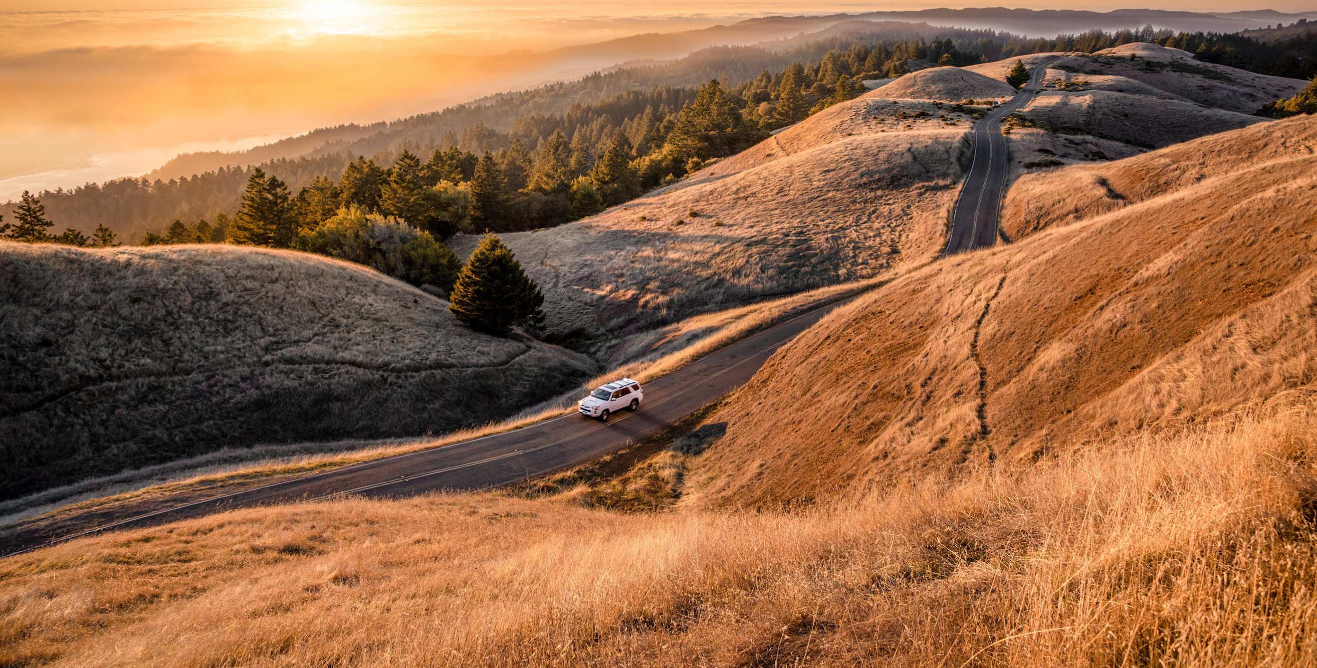 An SUV drives up the golden slopes of California's Mt. Tamalpais at sunset.