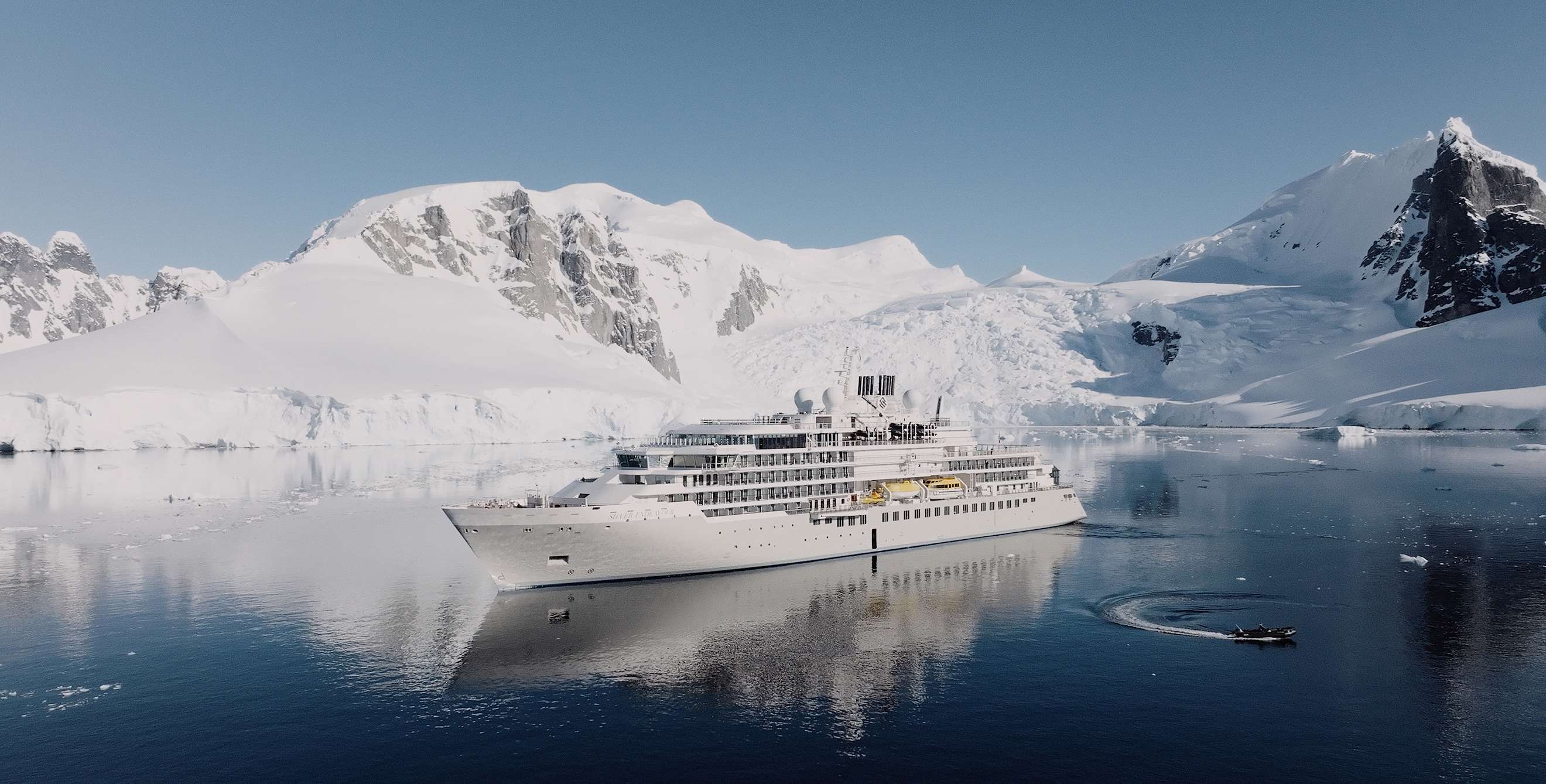 Silversea cruise ship in Orne Harbour, Antarctic Peninsula.
