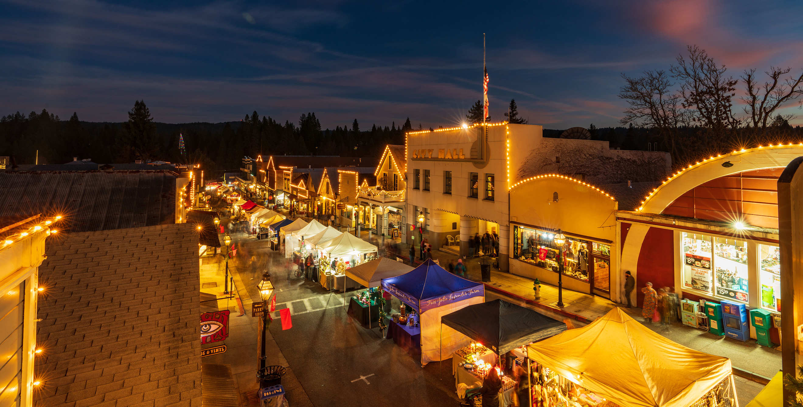 Booths for Victorian Christmas in Nevada City, California, at night.