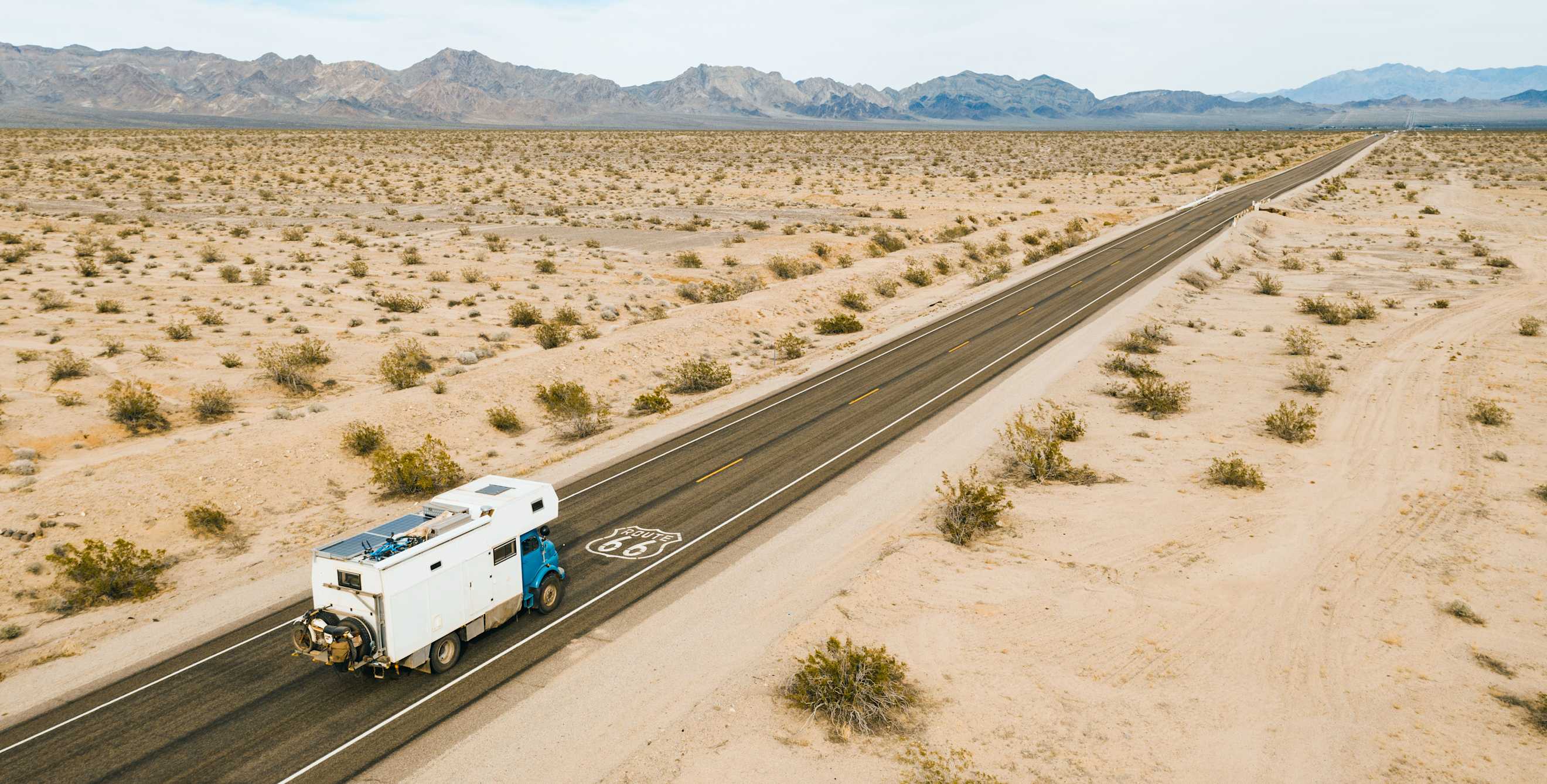 Camping truck on route 66 in the Mojave Desert in California.