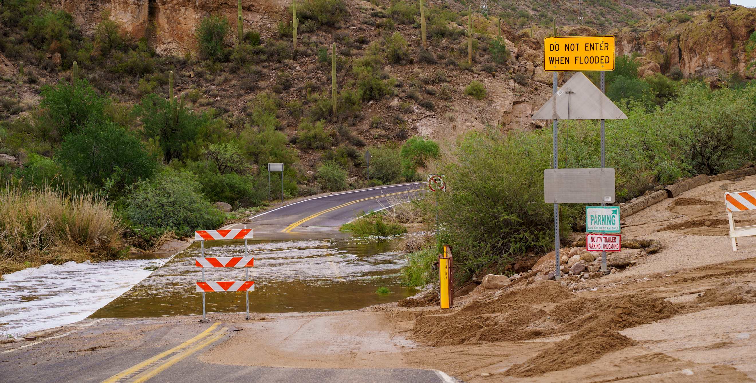 Flooded road from recent rainstorm on the Apache Trail near Tortilla Flat, Arizona.