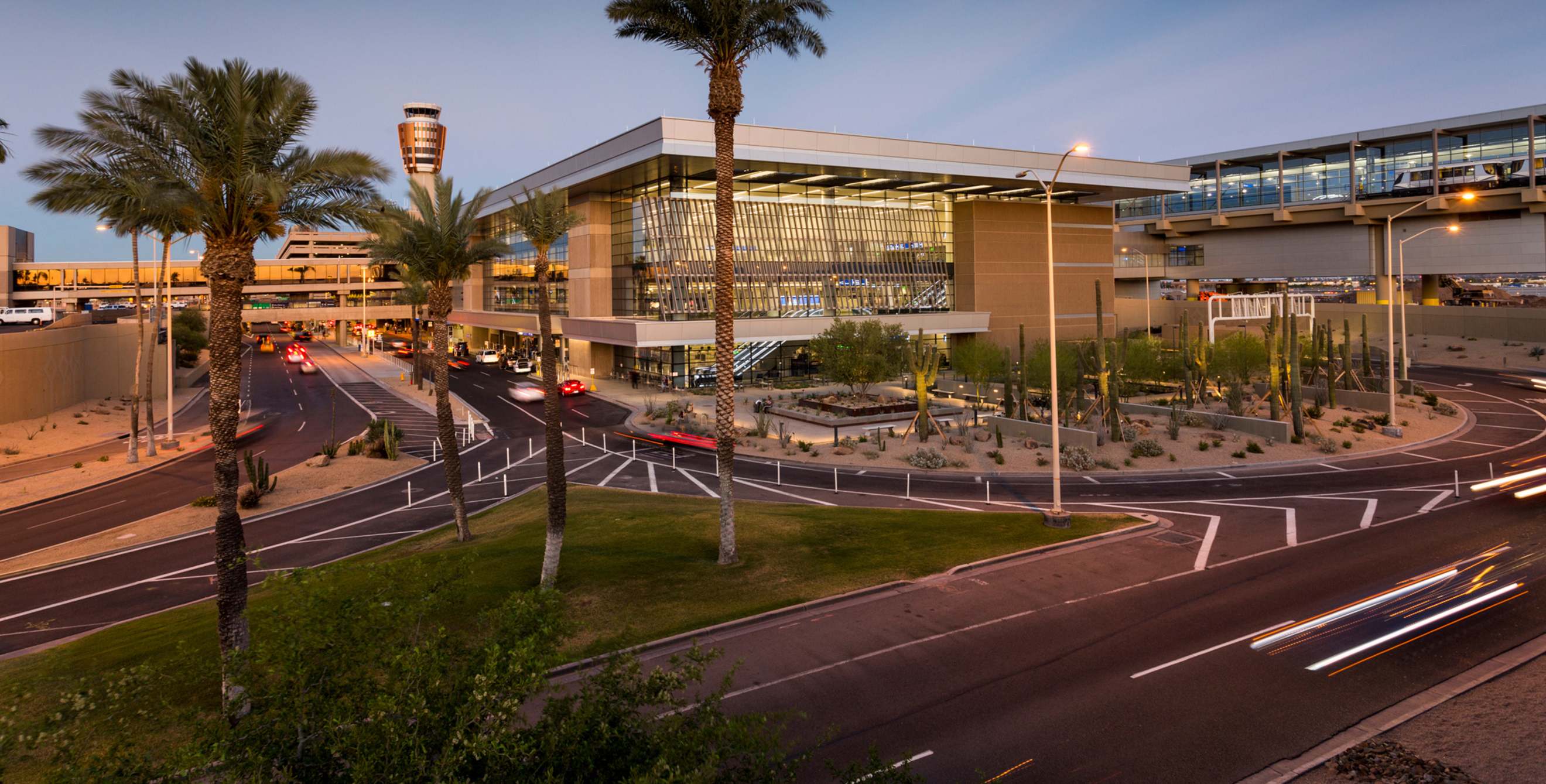 Phoenix Sky Harbor International Airport Terminal exterior at dusk.
