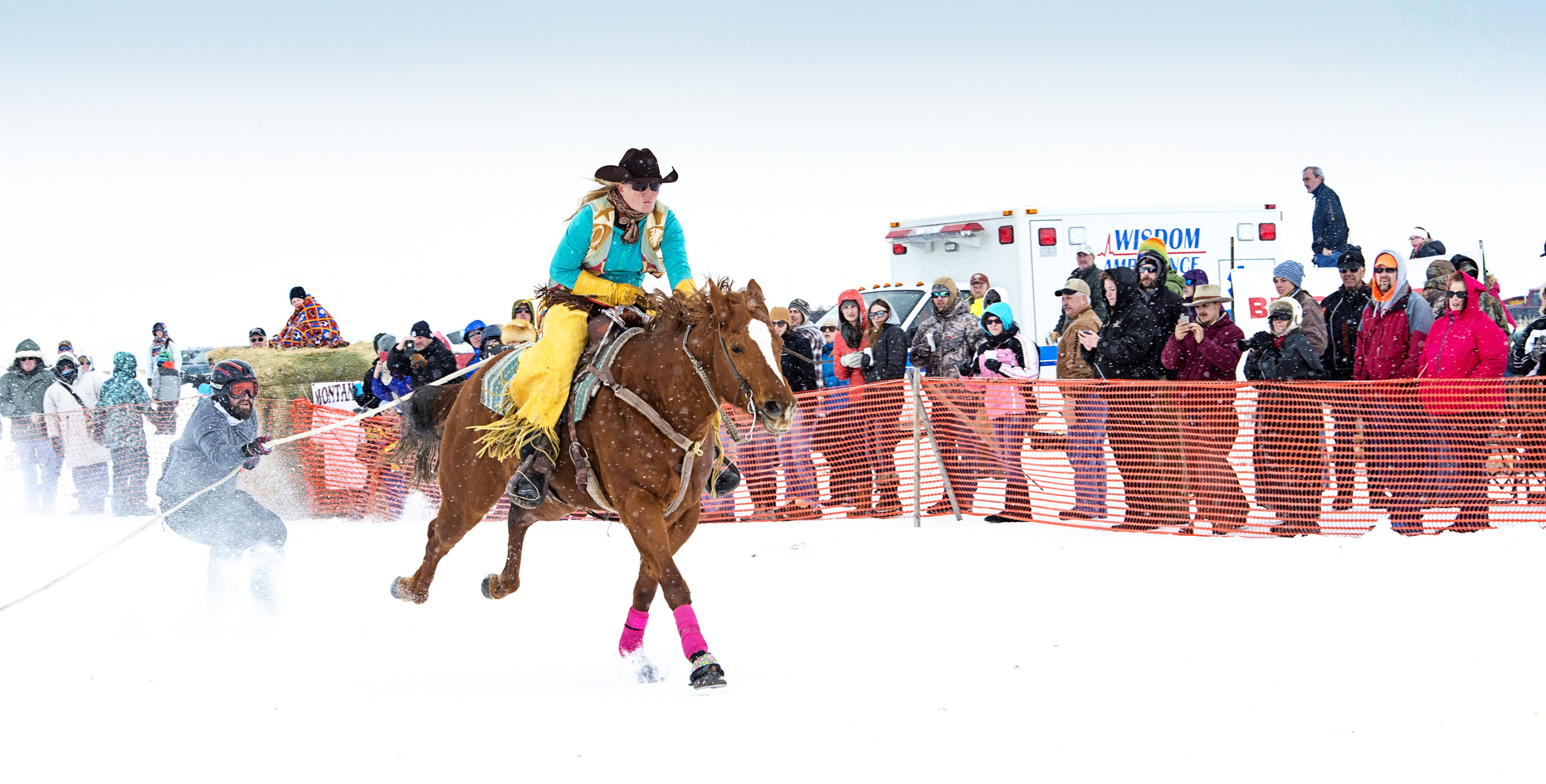 Ebbie Hansen on Zippin Z pulling Aaron Griffen on a skijoring run through Wisdom, Montana at the Big Hole Valley WinterFest, picture