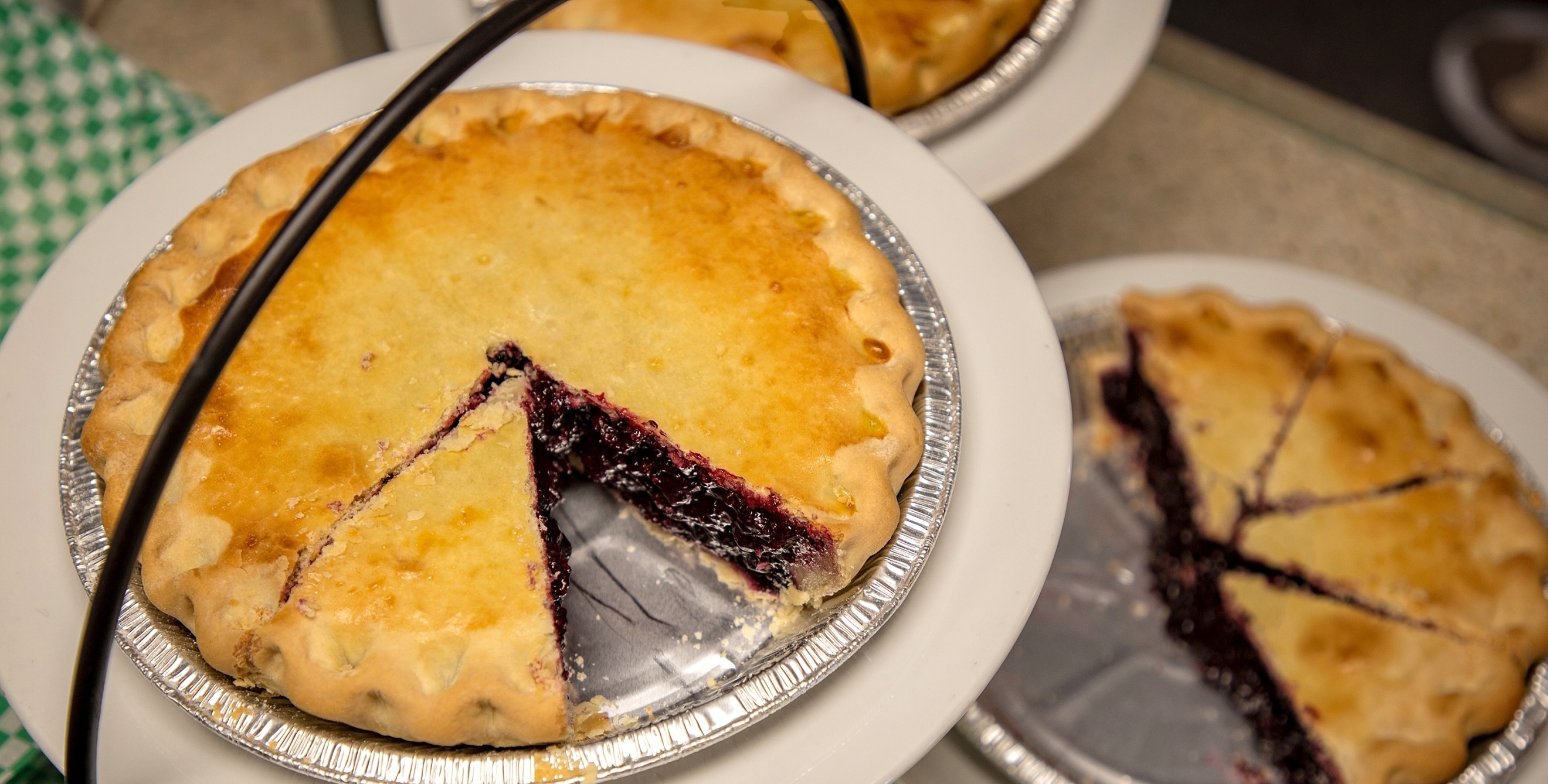 Pie tins of Huckleberry pie at The Huckleberry Patch in Hungry Horse, Montana.