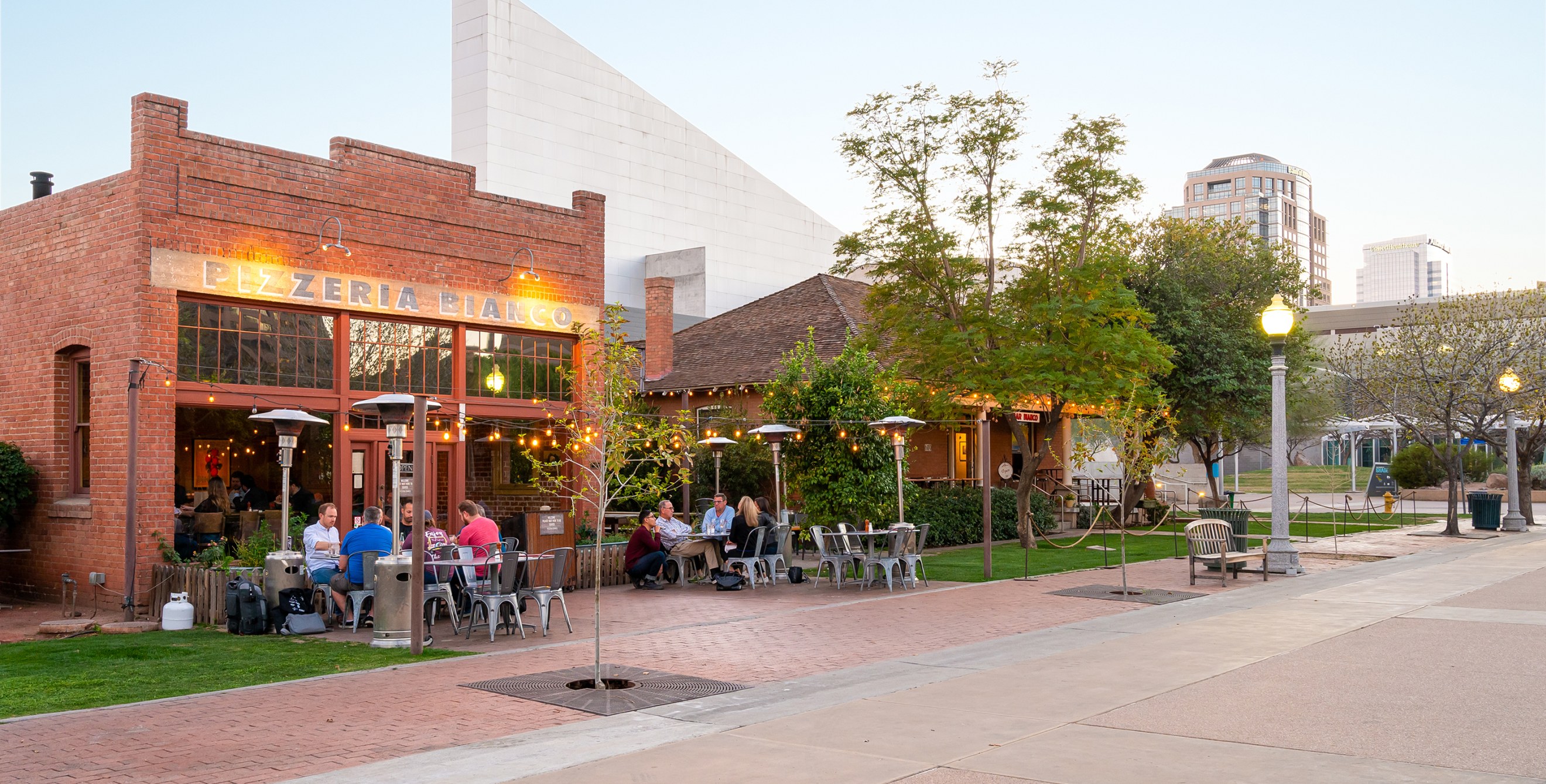 People eat outside of Pizzeria Bianco and Bar Bianco in Phoenix, Arizona.