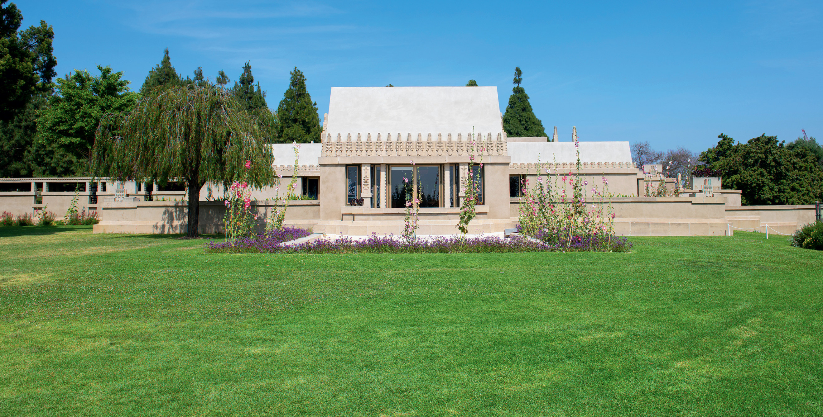 Exterior view of the Hollyhock House in Los Angeles.