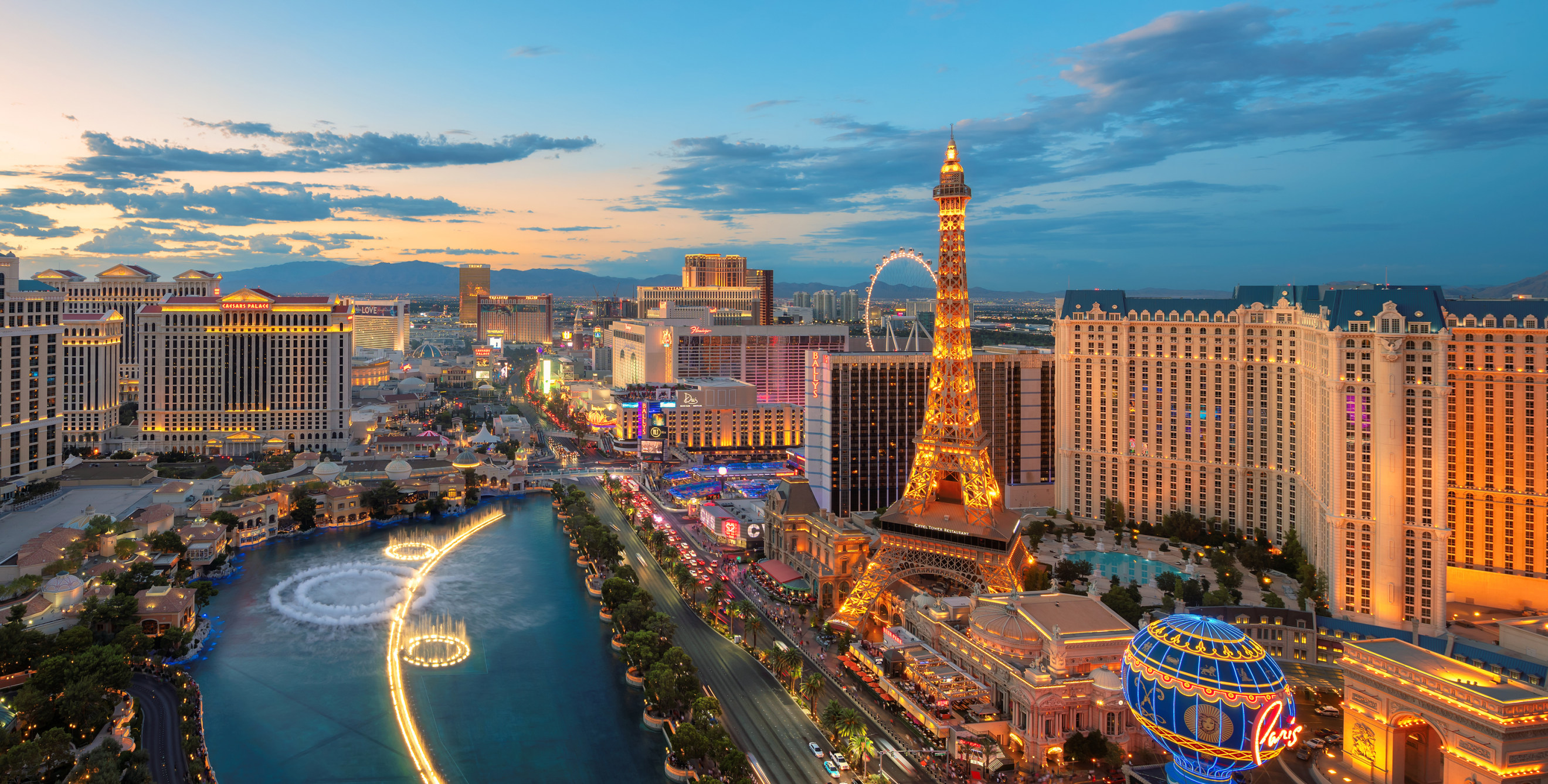 The Las Vegas strip lit up at dusk.