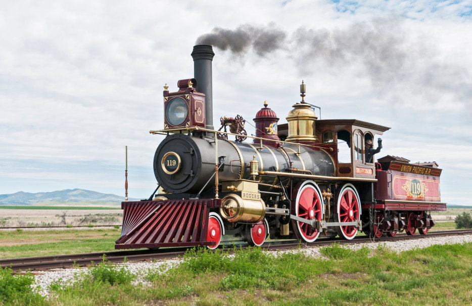 Locomotive No. 119 chugs through the Golden Spike National Historic Site near Promontory Summit, Utah, image