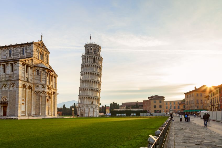 the leaning Tower of Pisa without tourists at sunrise or sunset, picture