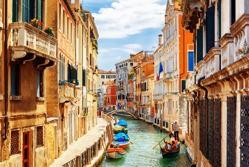 boats and gondolas on the Rio Marin Canal from Ponte de la Bergami in Venice, Italy, image