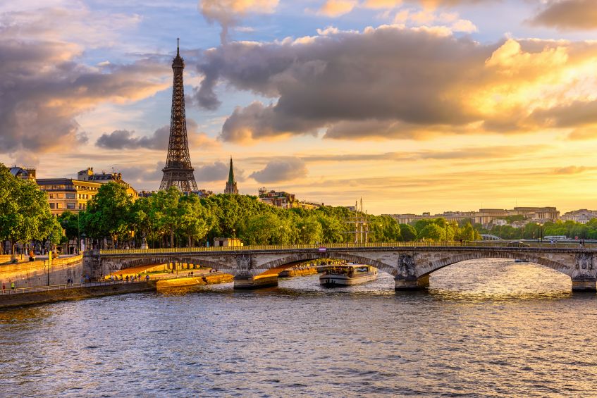 Sunset view of Eiffel Tower and Seine River in Paris, France, image