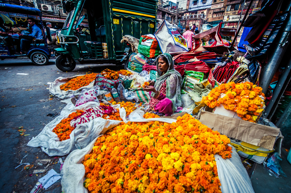 a woman sells bright orange carnations at the Khari Baoli Market in Delhi, India