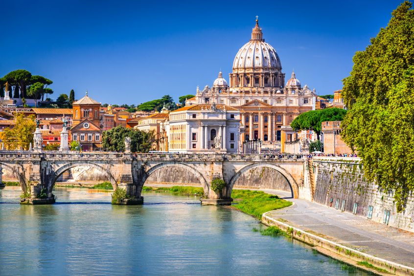 Vatican dome of Saint Peter Basilica, San Pietro, and Sant'Angelo Bridge, over Tiber River in Vatican City, picture